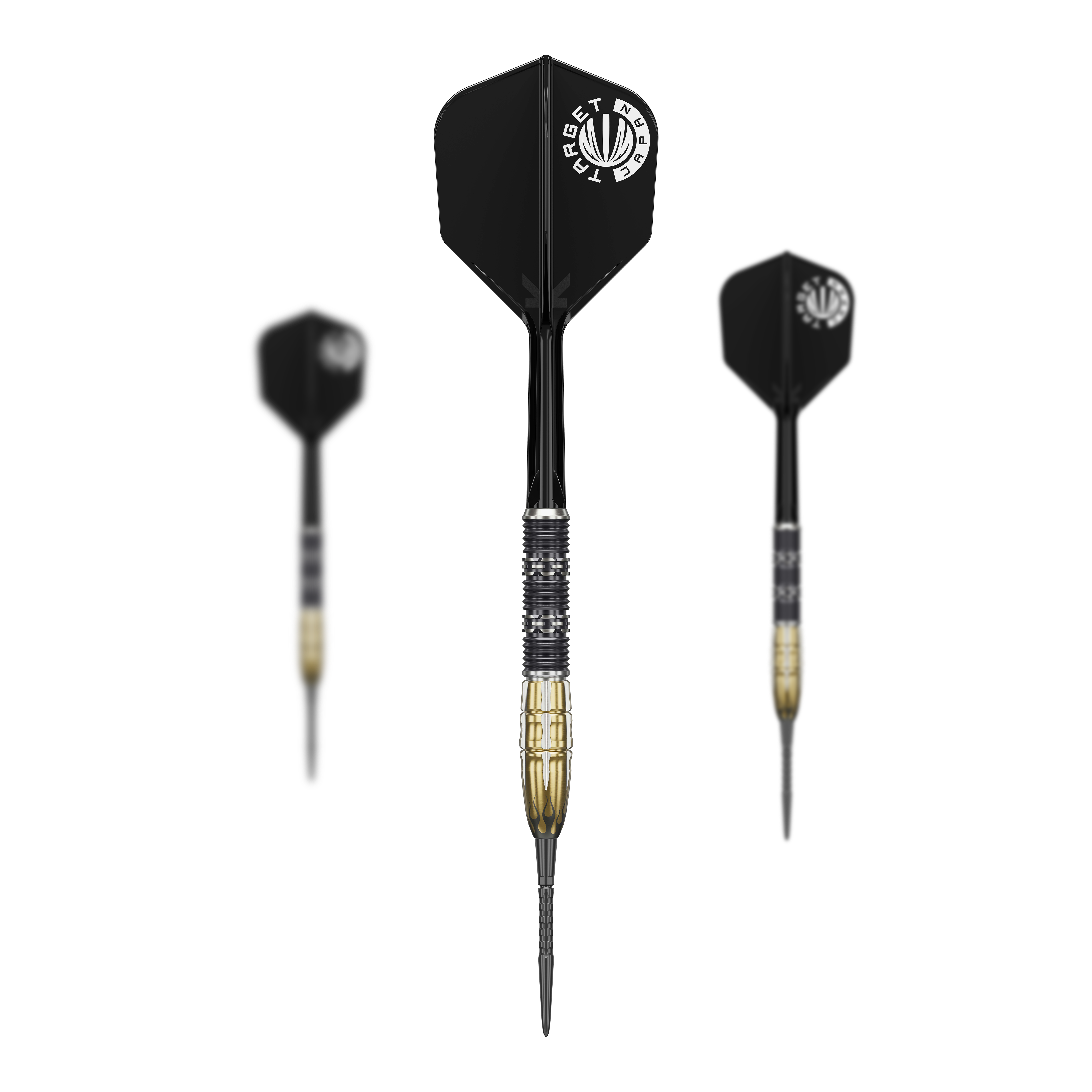 Target Japan Pyro GEN11 Swiss Point Steel Darts - 22g Das Bild zeigt drei Steeldarts des Modells "Target Japan Pyro GEN11 Swiss Point - 22g". Die Darts haben schwarze Flights und einen schwarz-goldenen Barrel.