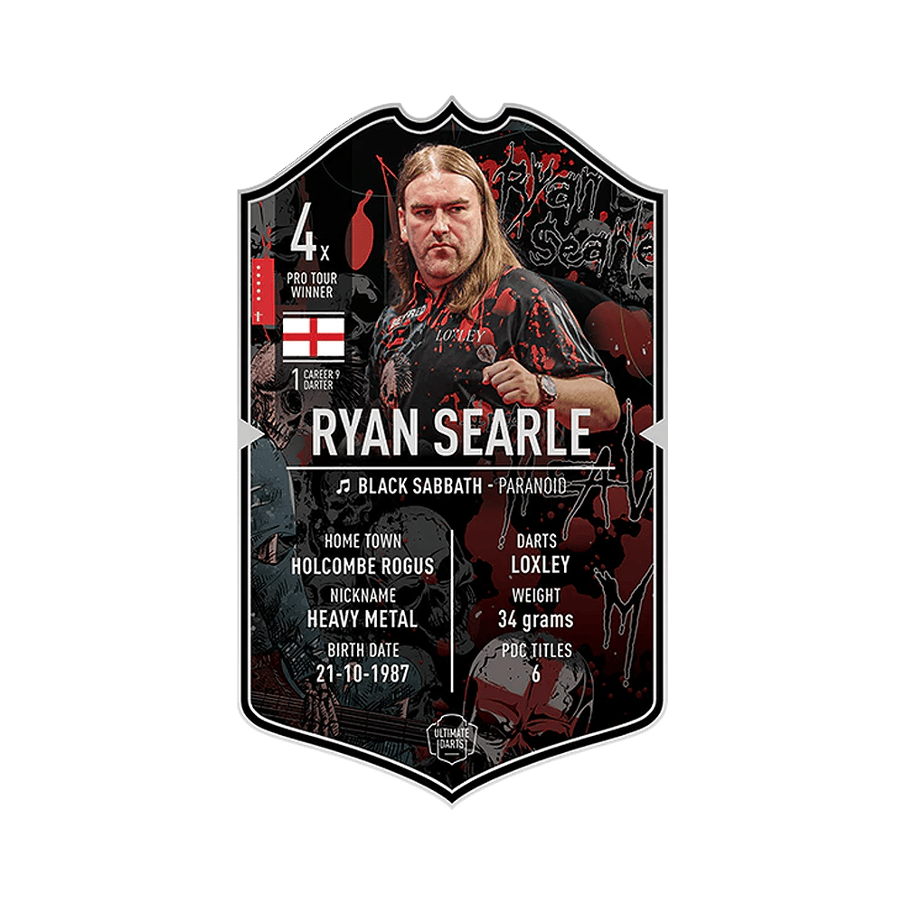 Ultimate Darts Card - Ryan Searle Das Bild zeigt die „Ultimate Darts Card“ von Ryan Searle. Auf der Karte sind Informationen zu seinem Spitznamen, Geburtsdatum, Herkunft und Erfolgen im Dartsport zu sehen.