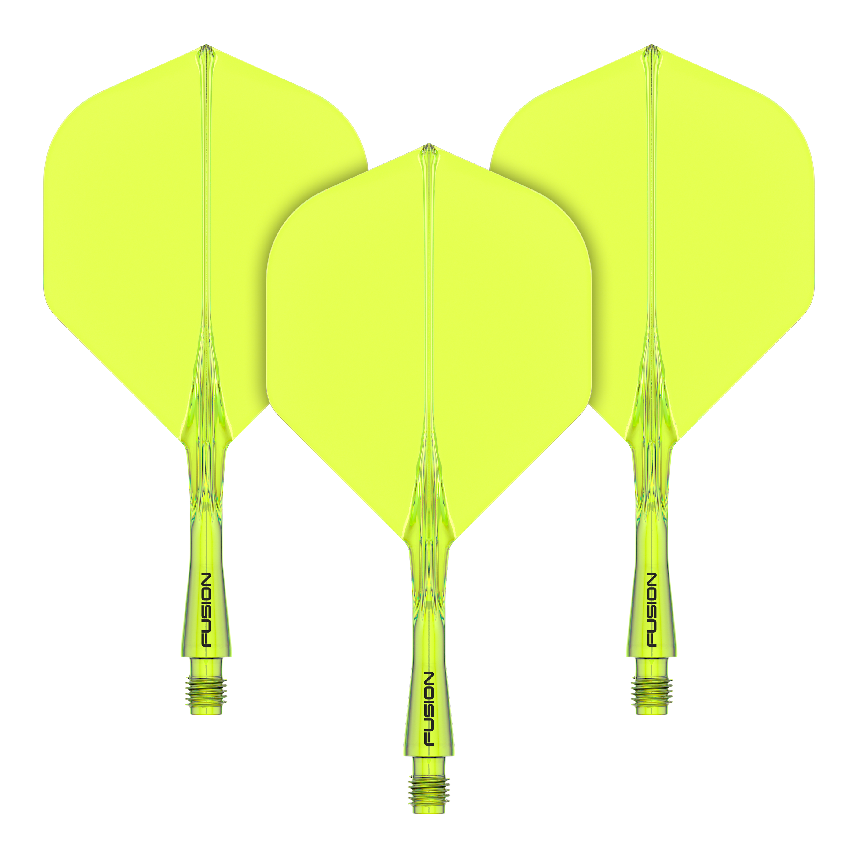 Das Bild zeigt drei gelbe Dartflights mit Schaftsystem. Auf den Schäften steht das Wort "FUSION" geschrieben.