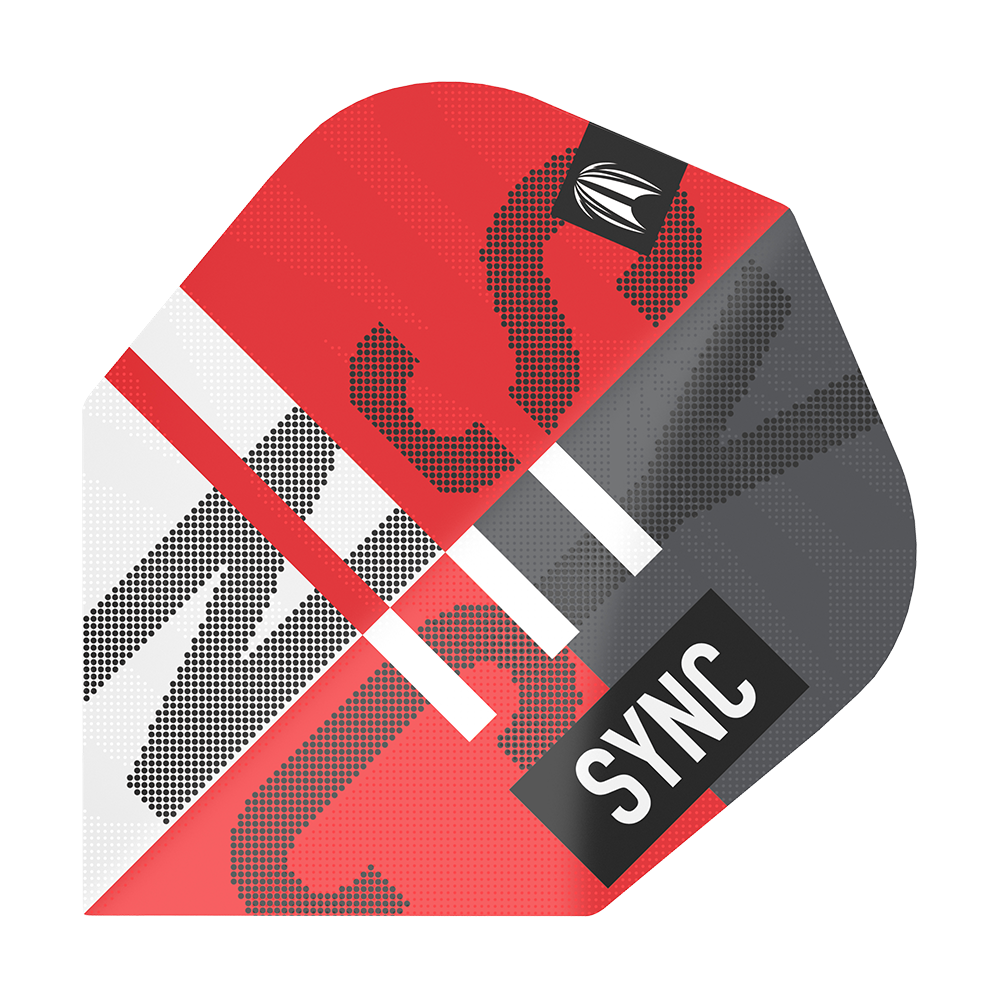 TG98_336480_Target_ProUltra_Sync_No6_Flights_1YFmL6Knb7WwQa Das Bild zeigt das Produkt "Target ProUltra Sync No6 Flights". Das Design ist überwiegend rot, grau und weiß mit dem Wort "SYNC" darauf.