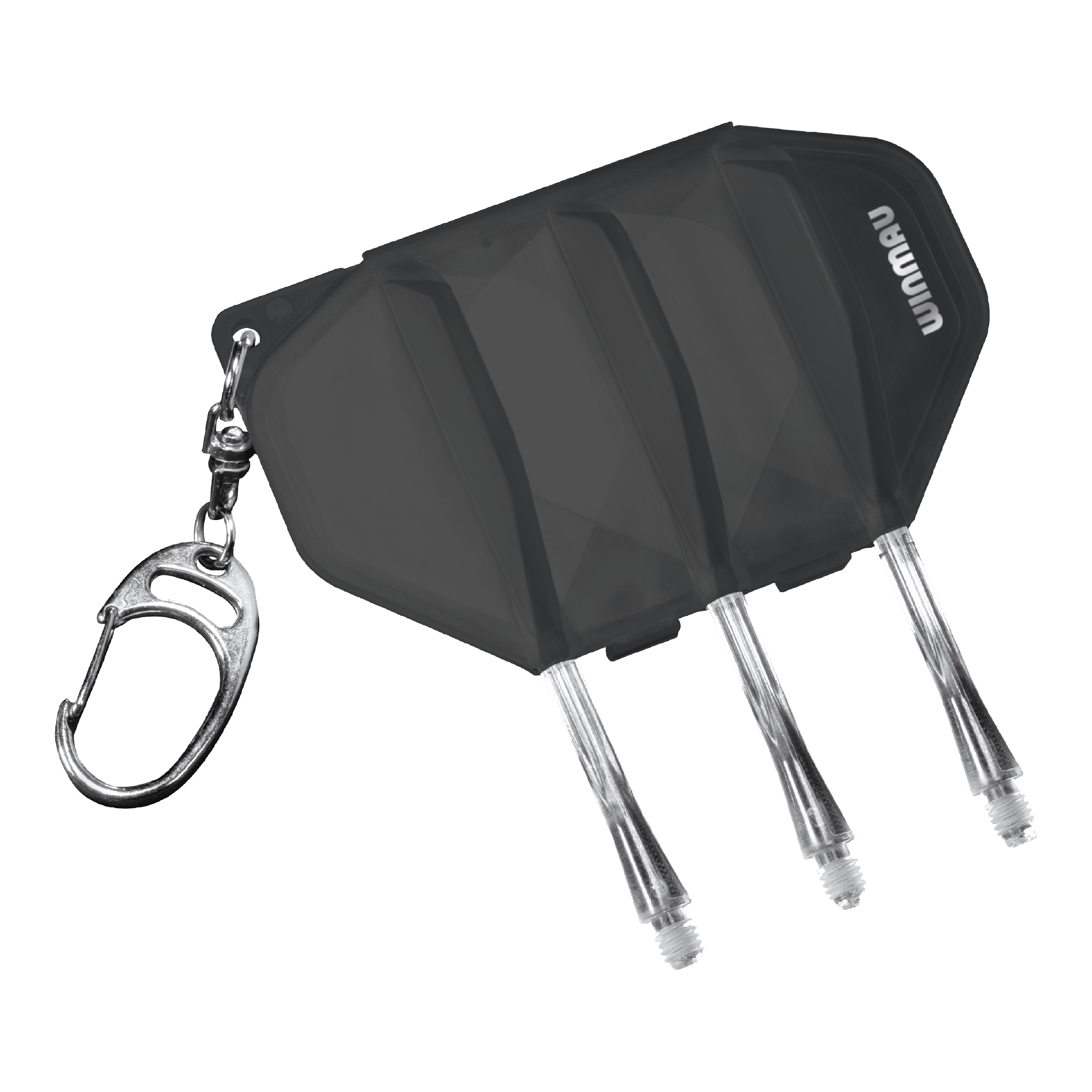 Winmau Fusion Flight Case - Clear Black Das Bild zeigt das Winmau Fusion Flightcase in der Farbe Clear Black. Es besitzt einen Schlüsselanhänger und Platz für Darts-Flights und -Shafts.