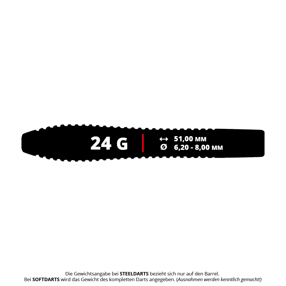 Dieses Bild zeigt die McDart Black Ring Teardrop Steeldart-Barrels in 24g-Ausführung. Die Barrels haben eine tropfenförmige Struktur für präzises Dartspiel.