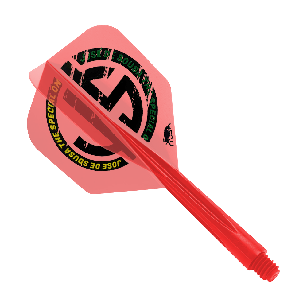 Das Bild zeigt ein rotes Dartflight-System mit der Aufschrift "Jose De Sousa The Special One". Es handelt sich um das Modell "Condor AXE Jose De Souza Special One Inspiration Flight-System" in der Größe Small.