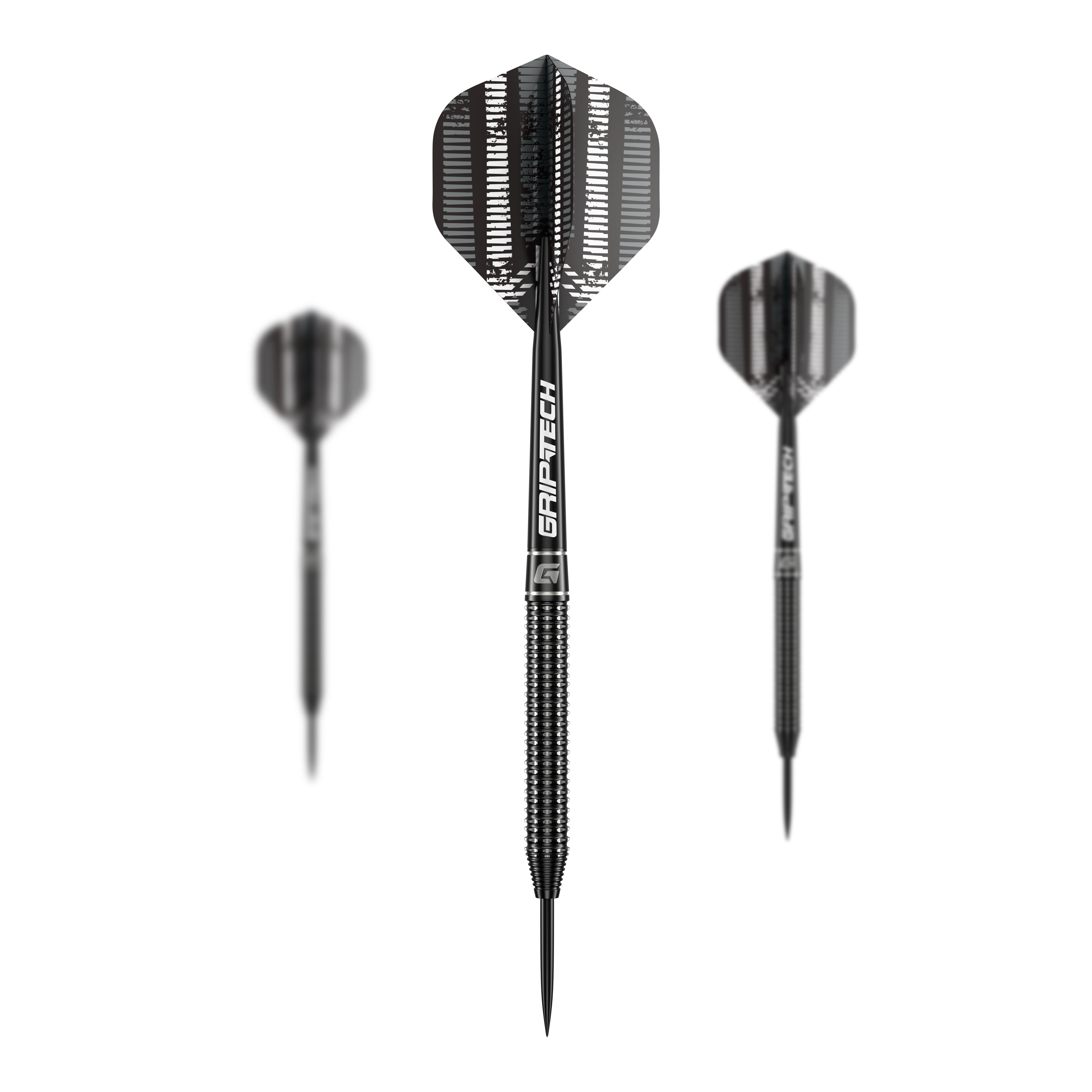 GOAT Sprocket Tungsten Steel Darts Das Bild zeigt drei schwarze Steeldarts mit der Aufschrift "GRIPTECH" auf den Schäften. Es handelt sich um das Produkt "GOAT Sprocket Tungsten Steeldarts".