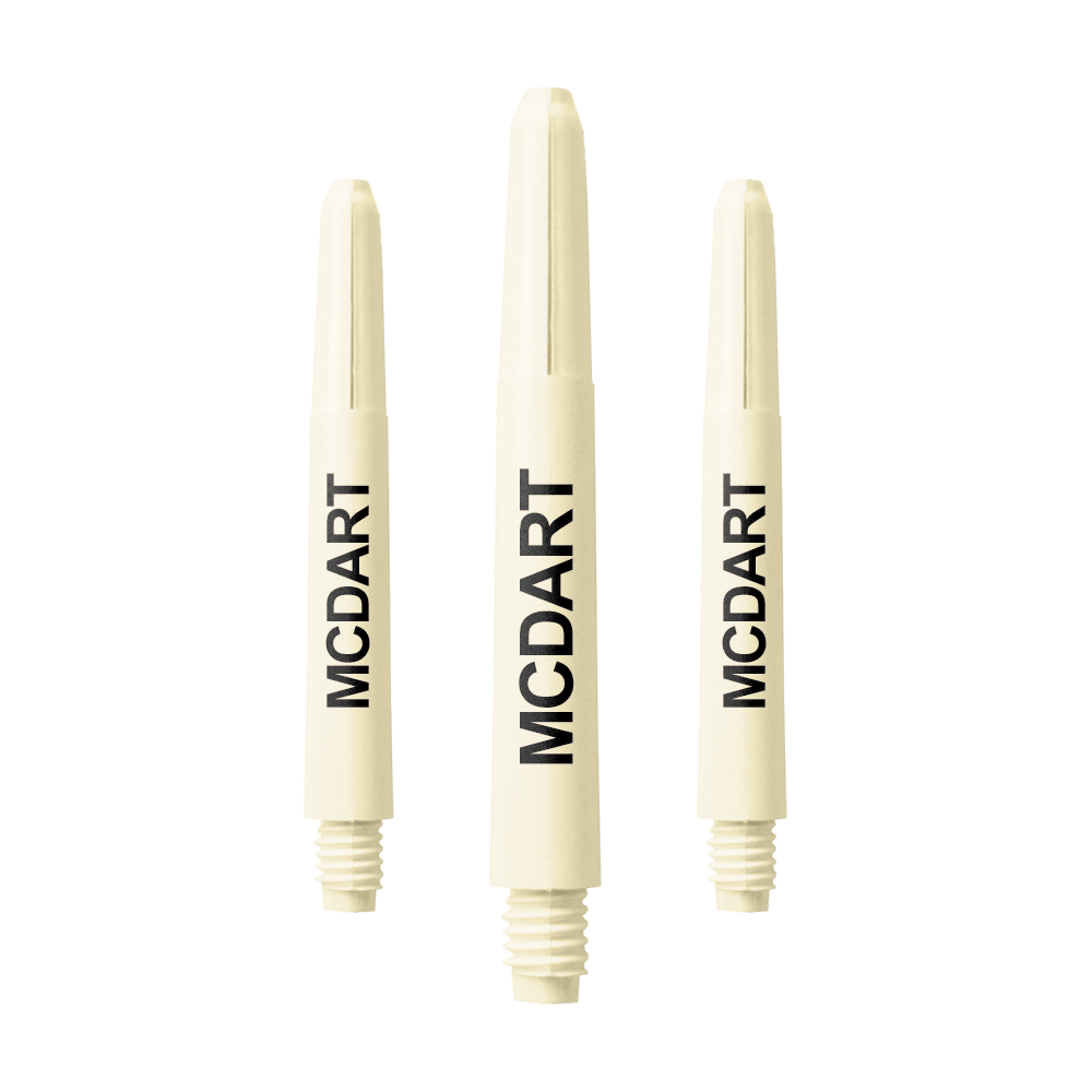 Auf dem Bild sind drei naturweiße Nylon-Dartschäfte mit Gewinde zu sehen. Auf jedem Schaft steht in schwarzer Schrift das Wort "MCDART".