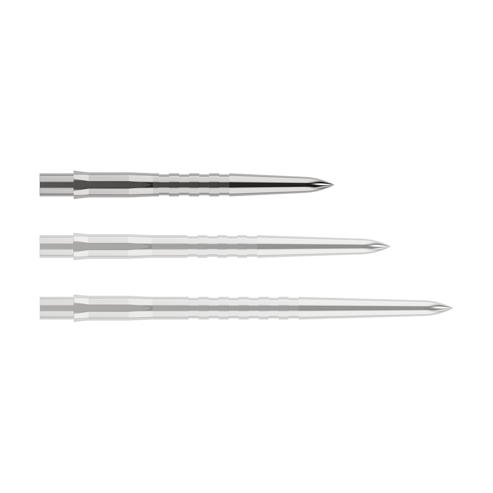 Das Bild zeigt drei silberne, gerillte Spitzen für Steeldarts in unterschiedlichen Längen. Sie sind nebeneinander auf einem weißen Hintergrund angeordnet.