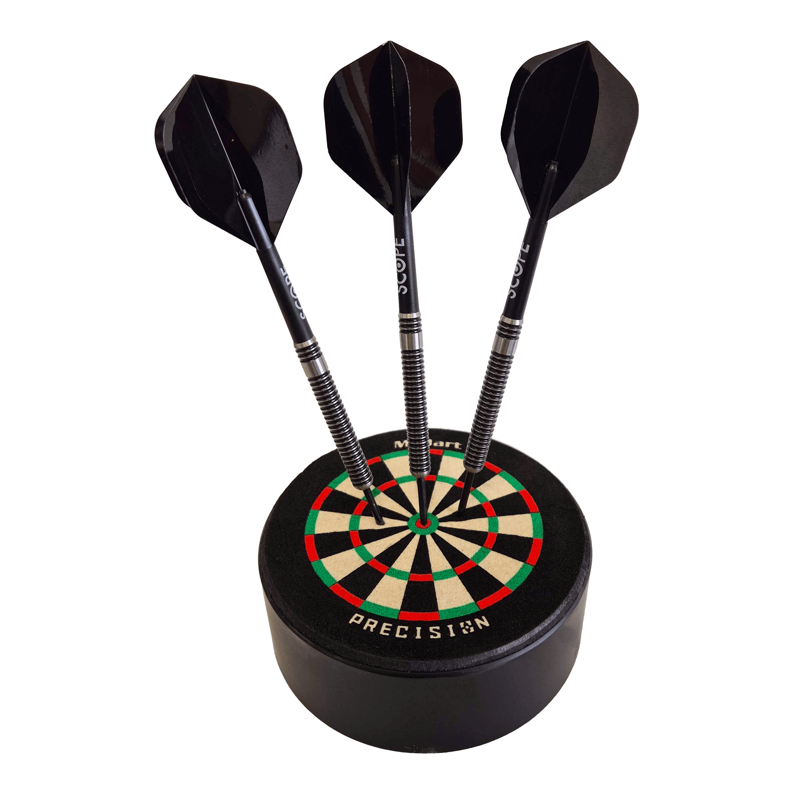 Das Bild zeigt das Produkt "McDart Precision Mini Dartboard Darthalter" mit drei schwarzen Darts, die im Board stecken. Das Dartboard ist rund und kompakt, ideal als Halter für Dartpfeile.