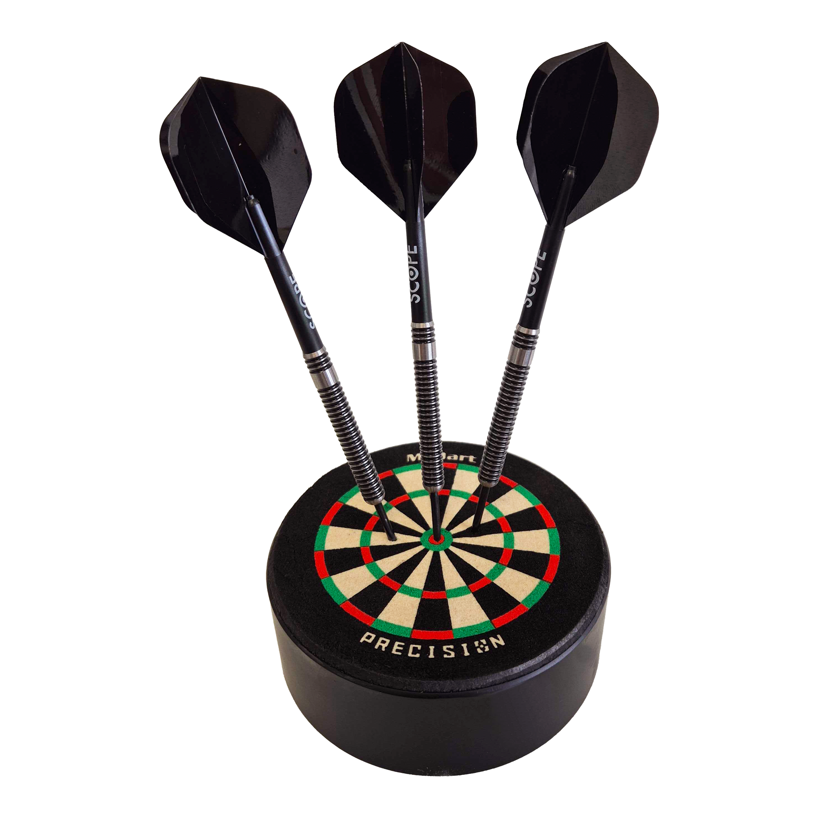 McDart Precision Mini Dartboard Dart Holder Das Bild zeigt das Produkt "McDart Precision Mini Dartboard Darthalter" mit drei schwarzen Darts, die im Board stecken. Das Dartboard ist rund und kompakt, ideal als Halter für Dartpfeile.