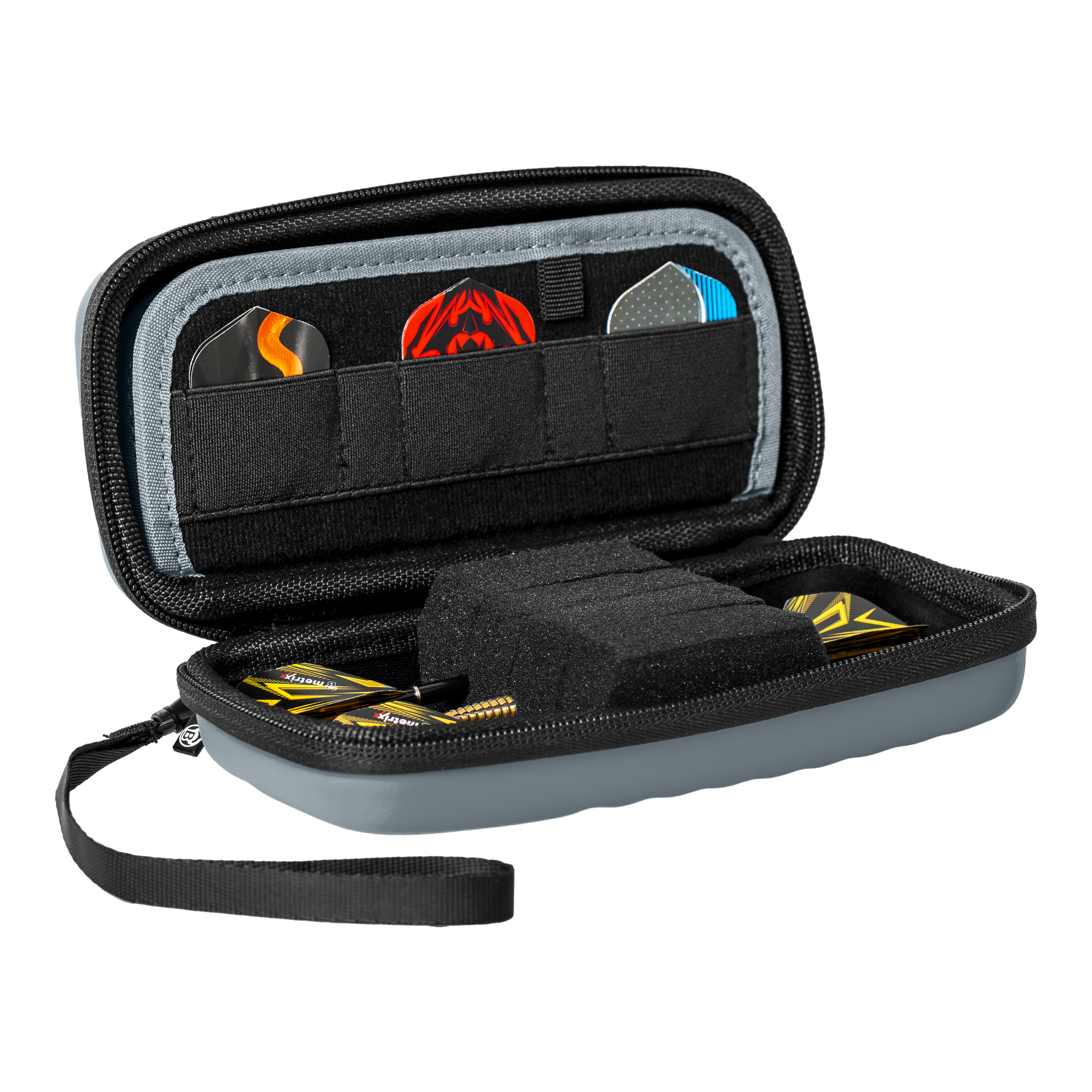 Auf dem Foto ist das Bulls Orbis S Dartcase in Grau abgebildet. Diese Darttasche bietet Schutz und praktischen Stauraum für Dartzubehör.