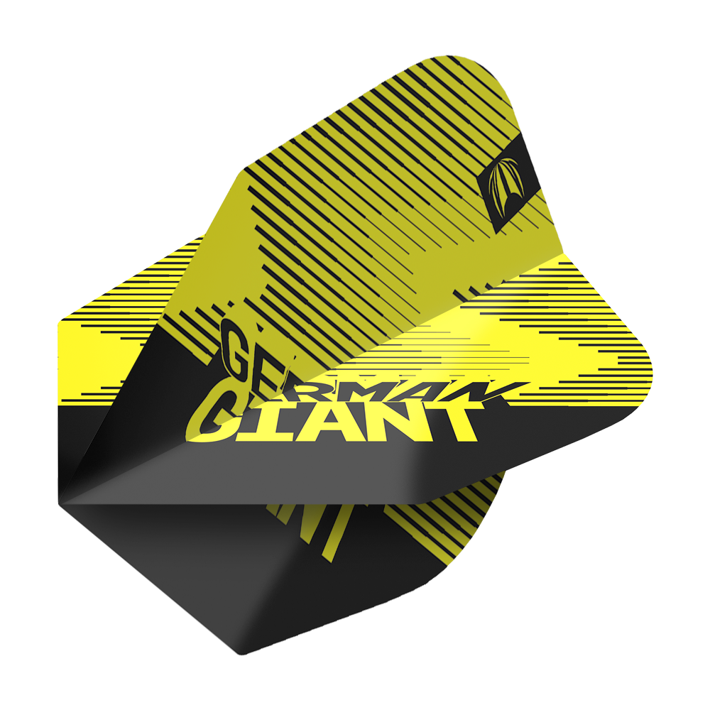 TG35_336200_Target_ProUltra_Gabriel_Clemens_Brass_No6_Yellow_Flights_2 Das Bild zeigt eine gelbe Darts-Flight mit schwarzen Streifen und der Aufschrift „GERMAN GIANT“. Es handelt sich um das Produkt „Target ProUltra Gabriel Clemens Brass No6 Yellow Flights“.