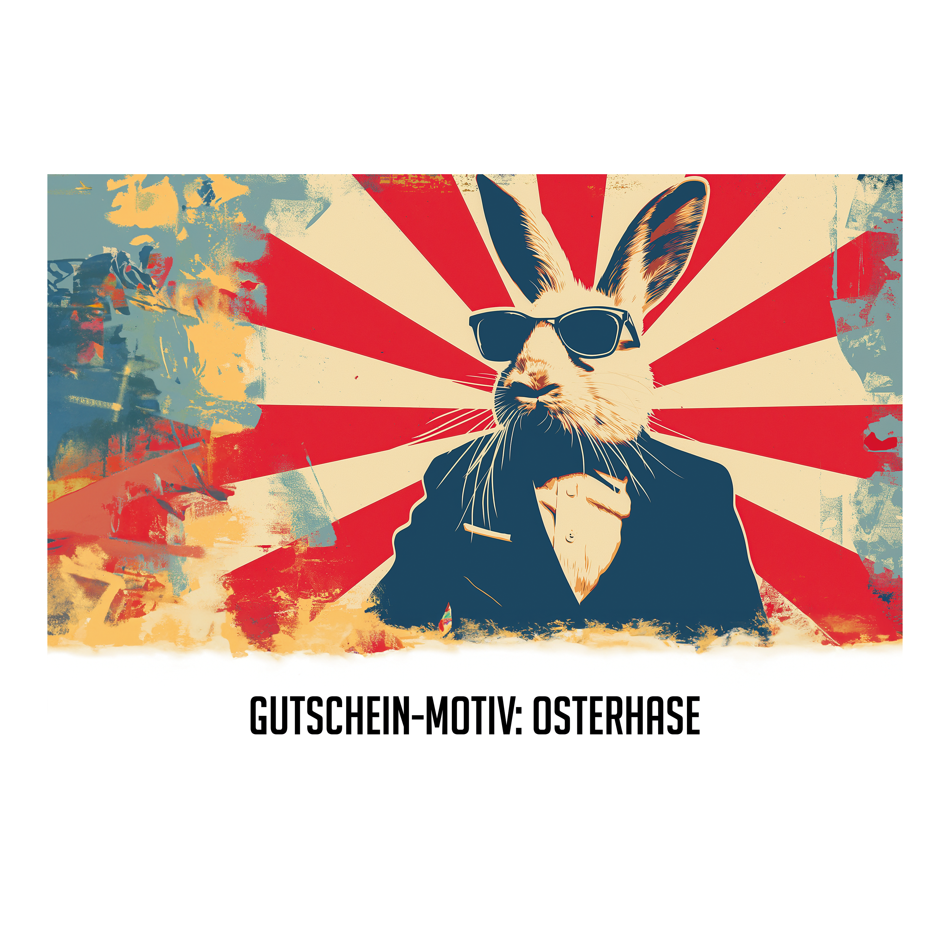 Das Bild zeigt einen stilisierten Osterhasen im Anzug und mit Sonnenbrille vor einem bunten Hintergrund. Unten steht der Text: "GUTSCHEIN-MOTIV: OSTERHASE".