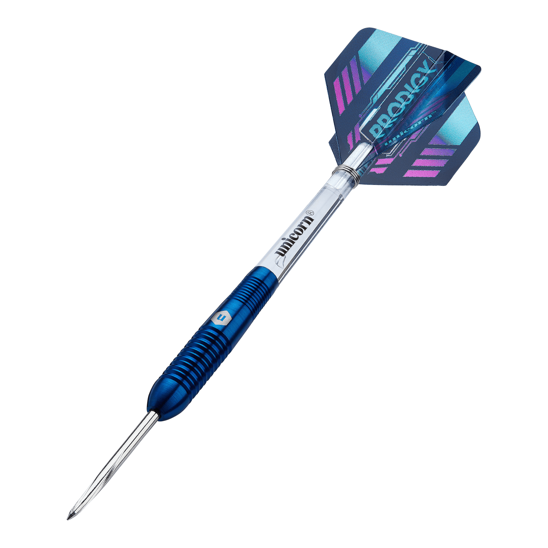 Unicorn Prodigy 02 Torpedo steel darts Das Bild zeigt einen Unicorn Prodigy 02 Torpedo Steeldart. Der Dartpfeil hat ein blaues und silbernes Design mit einer farbigen Flights-Feder am Ende.