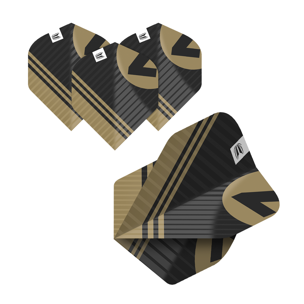 Das Bild zeigt fünf Sätze von Target Pro Ultra Chicane Multipack No2 Standard Flights. Die Flights sind schwarz-gold gemustert und haben ein modernes Design.