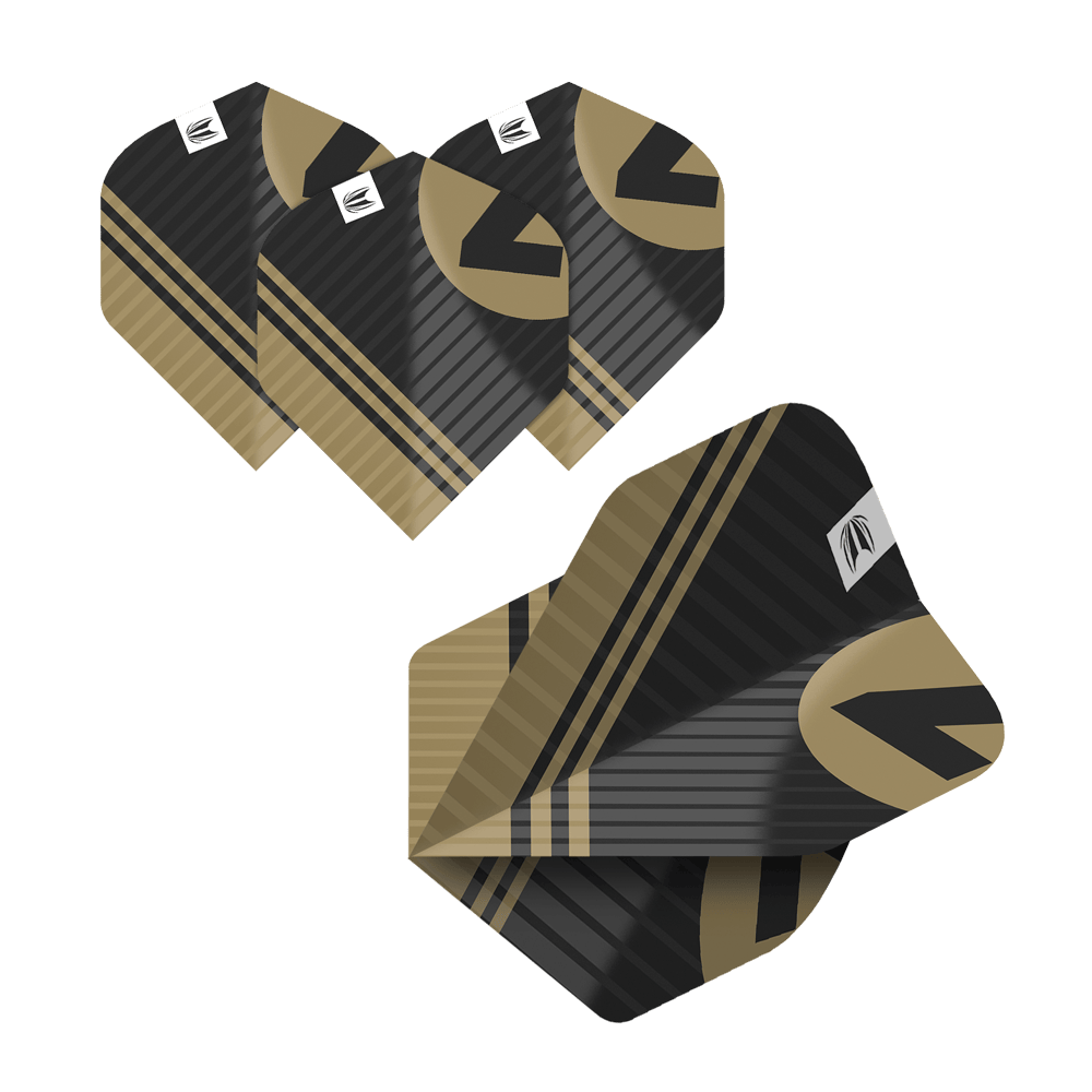 337204_Target_ProUltra_5Sets_Multipack_Chicane_No2_Standard_Flights_6fO3drNGLdpatn Das Bild zeigt fünf Sätze von Target Pro Ultra Chicane Multipack No2 Standard Flights. Die Flights sind schwarz-gold gemustert und haben ein modernes Design.