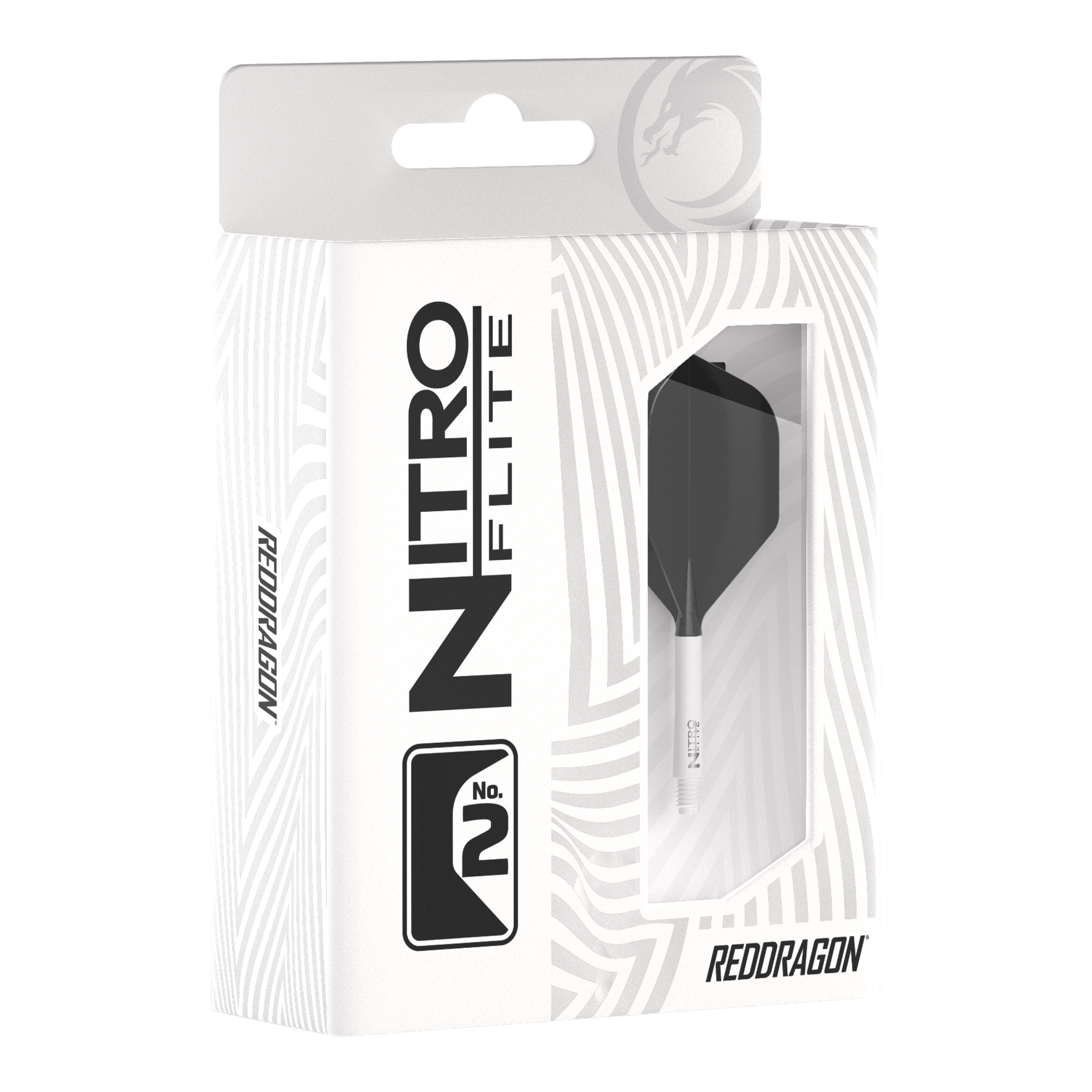 Red Dragon Nitroflite - White Shaft Black No2 Flights Die Abbildung zeigt die Produktverpackung des "Red Dragon Nitroflite" mit weißen Schäften und schwarzen No2 Flights. Die Packung ist überwiegend weiß gestaltet und hat ein Sichtfenster, durch das das Dart-Zubehör zu sehen ist.