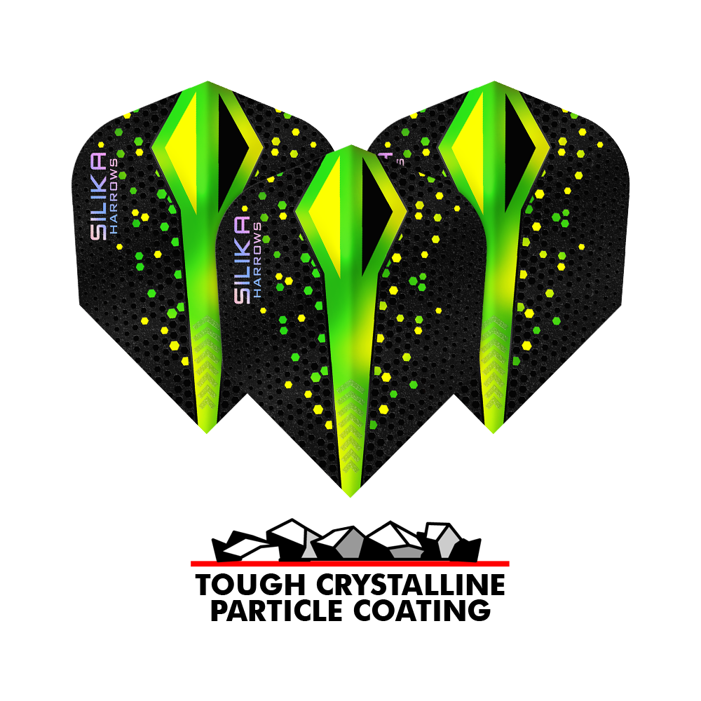 Das Bild zeigt drei Harrows Silika Colourshift Tough Crystalline Coating Green No6 Flights mit schwarzem Hintergrund und grünen, gelben Akzenten. Darunter steht ein Logo mit der Aufschrift "Tough Crystalline Particle Coating".