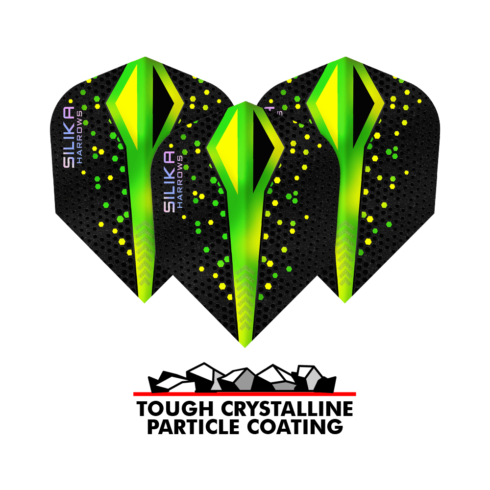 Harrows Silika Colorshift Tough Crystalline Coating Green No6 Flights Auf dem Bild ist ein Set der Harrows Silika Colourshift Tough Crystalline Coating No6 Flights. Die Flights haben ein auffälliges Design.