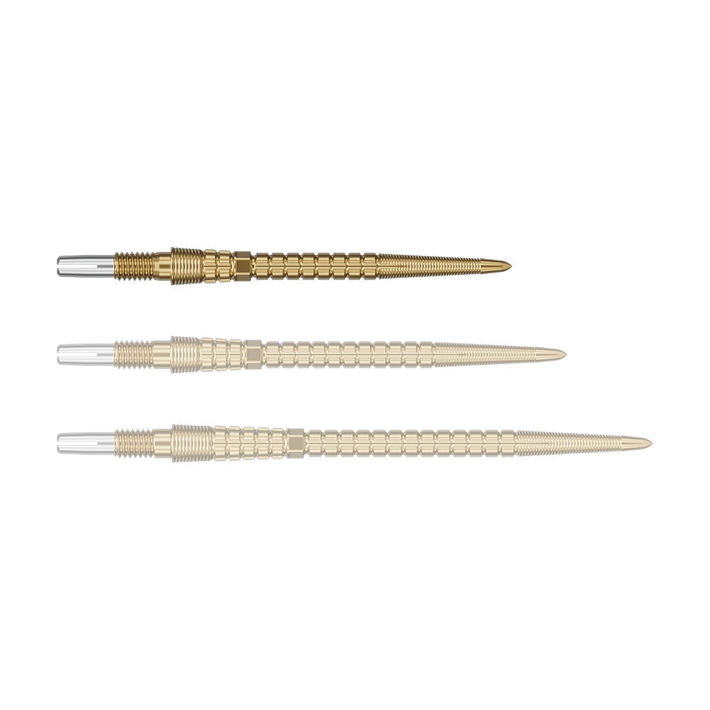 Target Chrono Swiss Storm Point Dart Tips - Gold Eine goldfarbene Dartspitze auf hellem Hintergrund. Sie ist einzeln dargestellt.