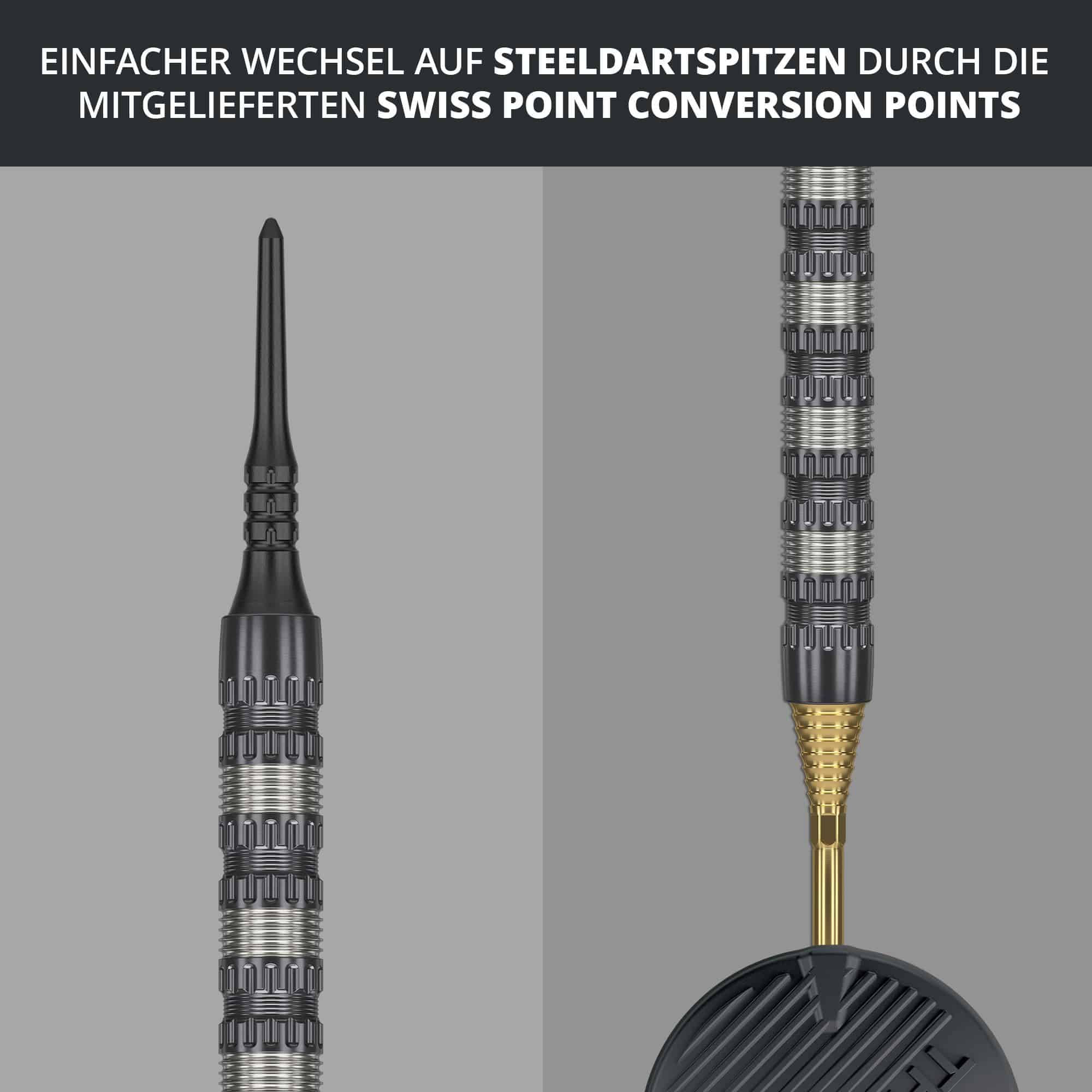 Target Rob Cross 95K Swiss Point Soft Darts - 18g Das Bild zeigt den Target Rob Cross 95K Swiss Point Softdart mit 18g Gewicht. Es wird darauf hingewiesen, dass ein einfacher Wechsel auf Steeldartspitzen durch die mitgelieferten Swiss Point Conversion Points möglich ist.