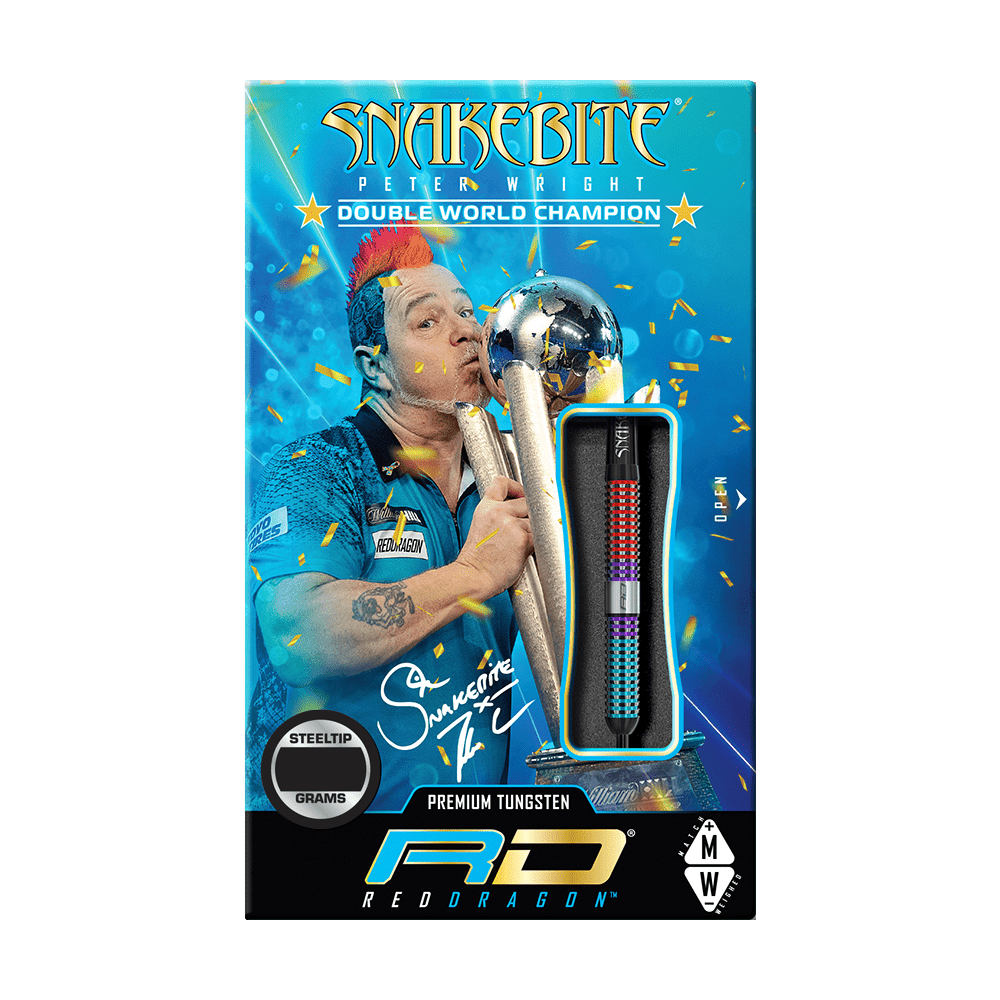RD2550_Red_Dragon_Peter_Wright_Snakebite_Spirit_Steeldarts_3 Die Verpackung zeigt die "Red Dragon Peter Wright Snakebite Spirit Steeldarts". Ein Bild von Peter Wright mit Trophäe und Unterschrift ist ebenfalls darauf zu sehen.