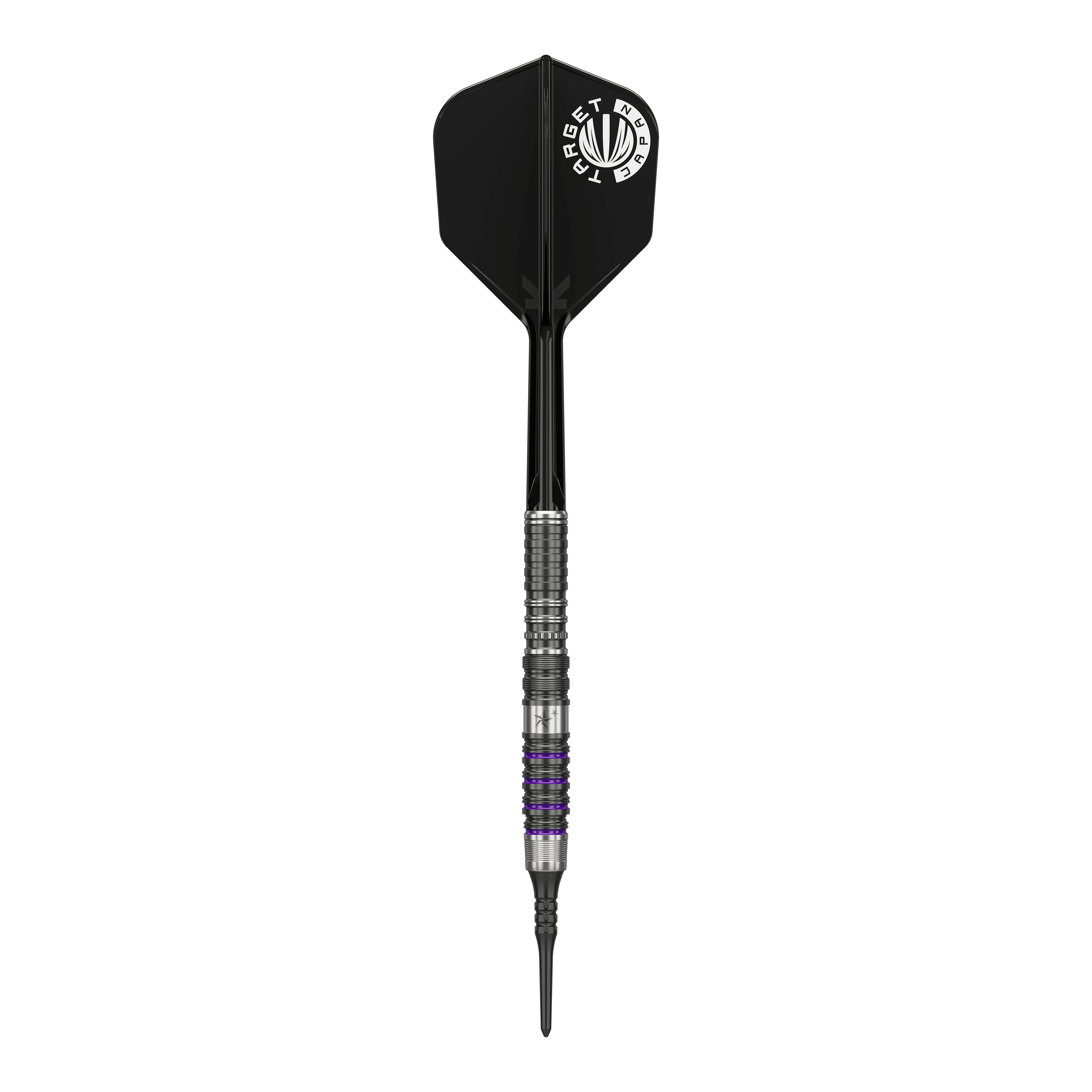 Target Japan Prime Series Yuta Hayashi Sirius GEN3 MAX Soft Darts - 21.5g Das Bild zeigt einen Softdart aus der Target Japan Prime Series, Modell Yuta Hayashi Sirius GEN3 MAX mit einem Gewicht von 21,5g. Der Dart hat ein silbernes Griffstück mit schwarzen und lila Akzenten sowie eine schwarze Flight mit weißem Aufdruck.