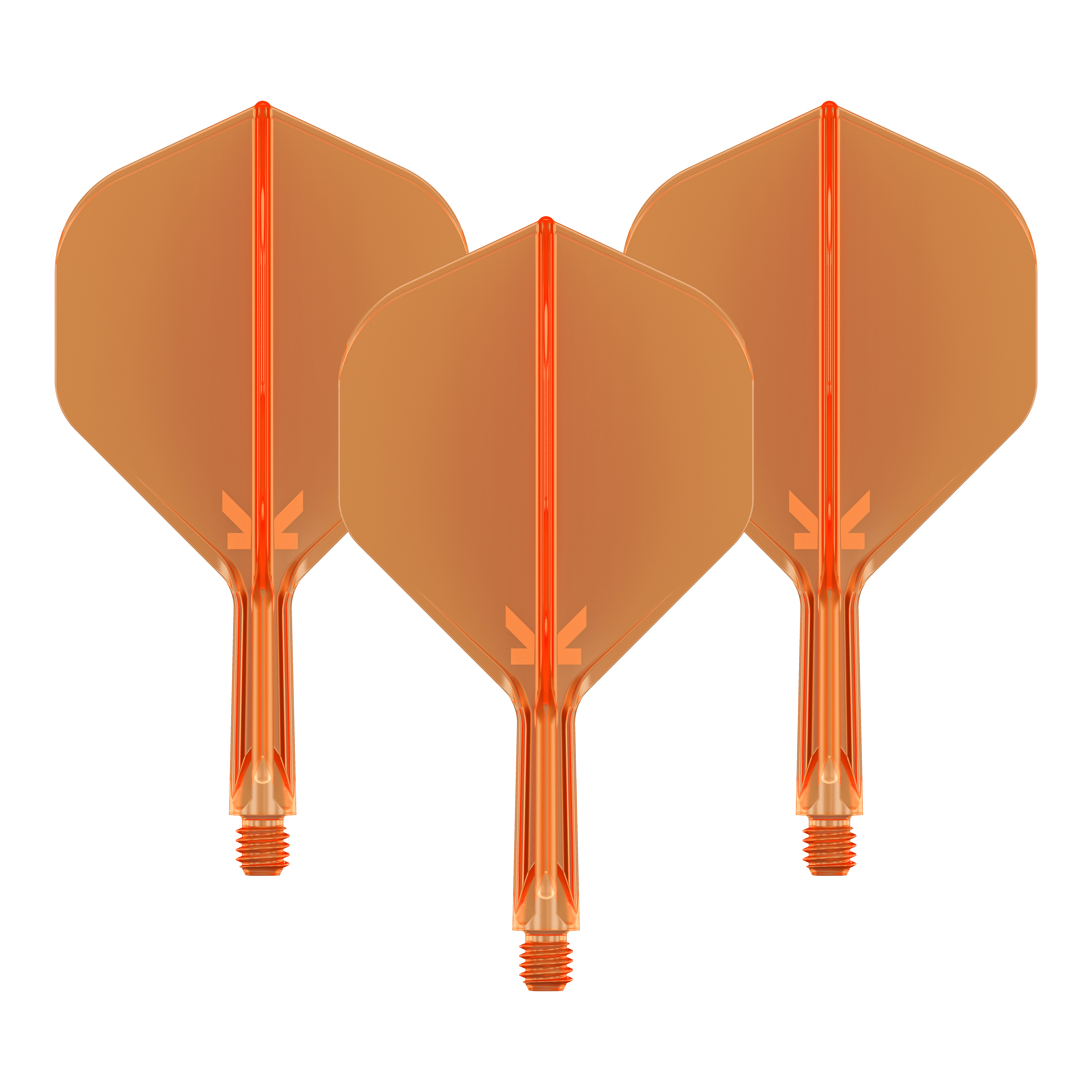 Target K-Flex No2 Standard Flight System - Neon Orange Das Bild zeigt drei neonorange Dartflights mit Shafts. Sie sind in einer Reihe nebeneinander angeordnet und haben eine transparente Optik.