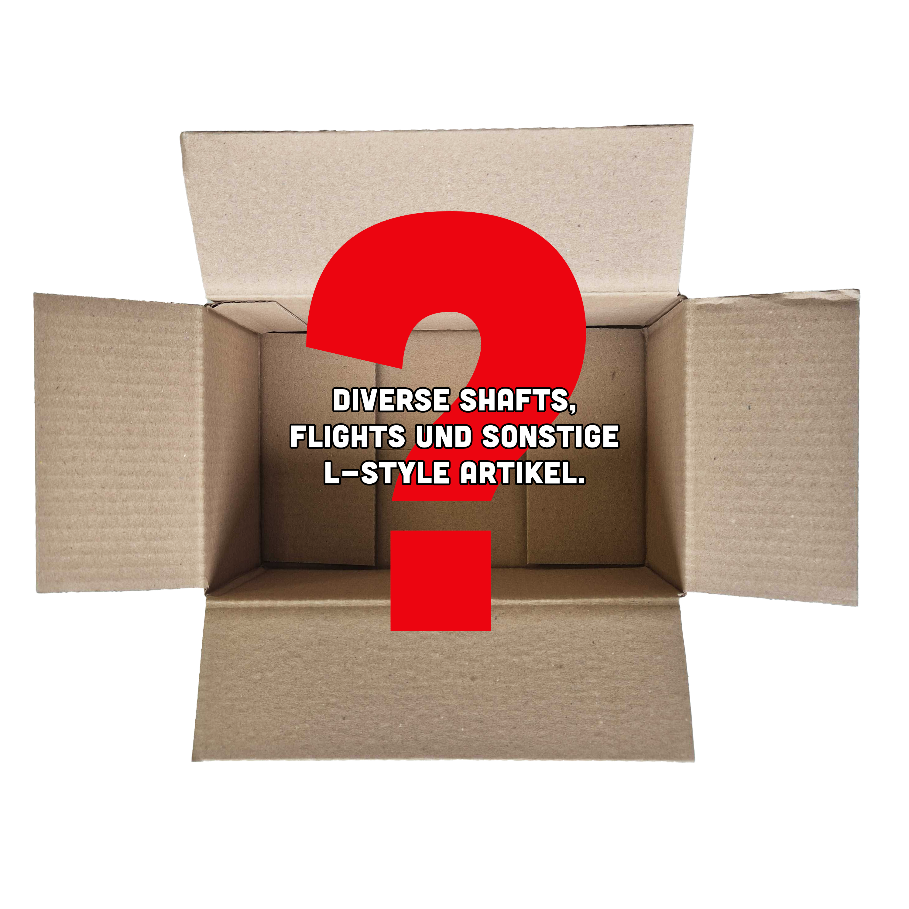 McDart Mystery Box - L-Style Das Bild zeigt einen offenen Karton mit einem großen roten Fragezeichen darin. In der Mitte steht der Text: "Diverse Shafts, Flights und sonstige L-Style Artikel."