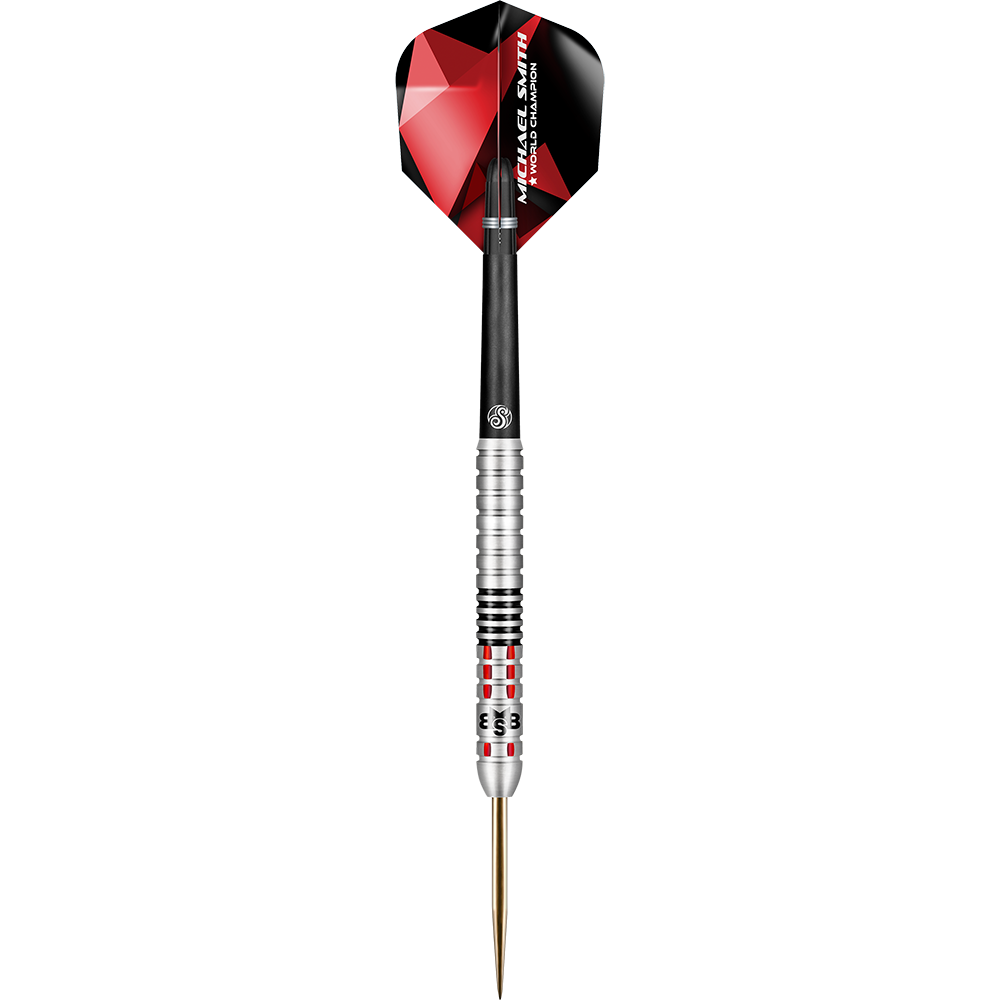 Shot Michael Smith Achieve Steel Darts Auf dem Bild ist ein Steeldartpfeil mit einem silbernen, schwarzen und roten Design zu sehen. Am Dartflight steht der Name "Michael Smith" und "World Champion".