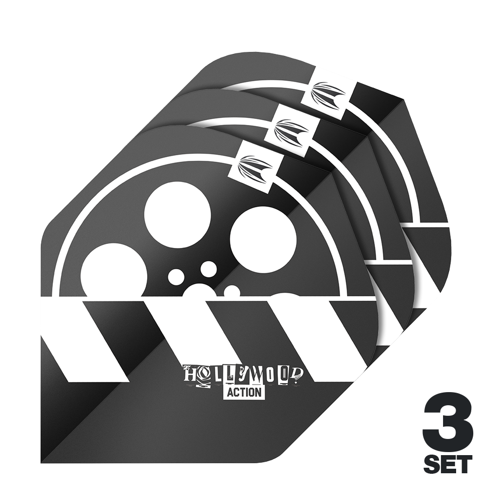 Target Pro Ultra Chris Dobey Hollywood Action No2 Standard Flights - 3 Sets Das Bild zeigt drei Sätze Target Pro Ultra Chris Dobey Hollywood Action No2 Standard Flights für Dartpfeile. Das Design ist schwarz-weiß mit einem Filmrollen- und Klappenmotiv sowie der Aufschrift "Hollywood Action".
