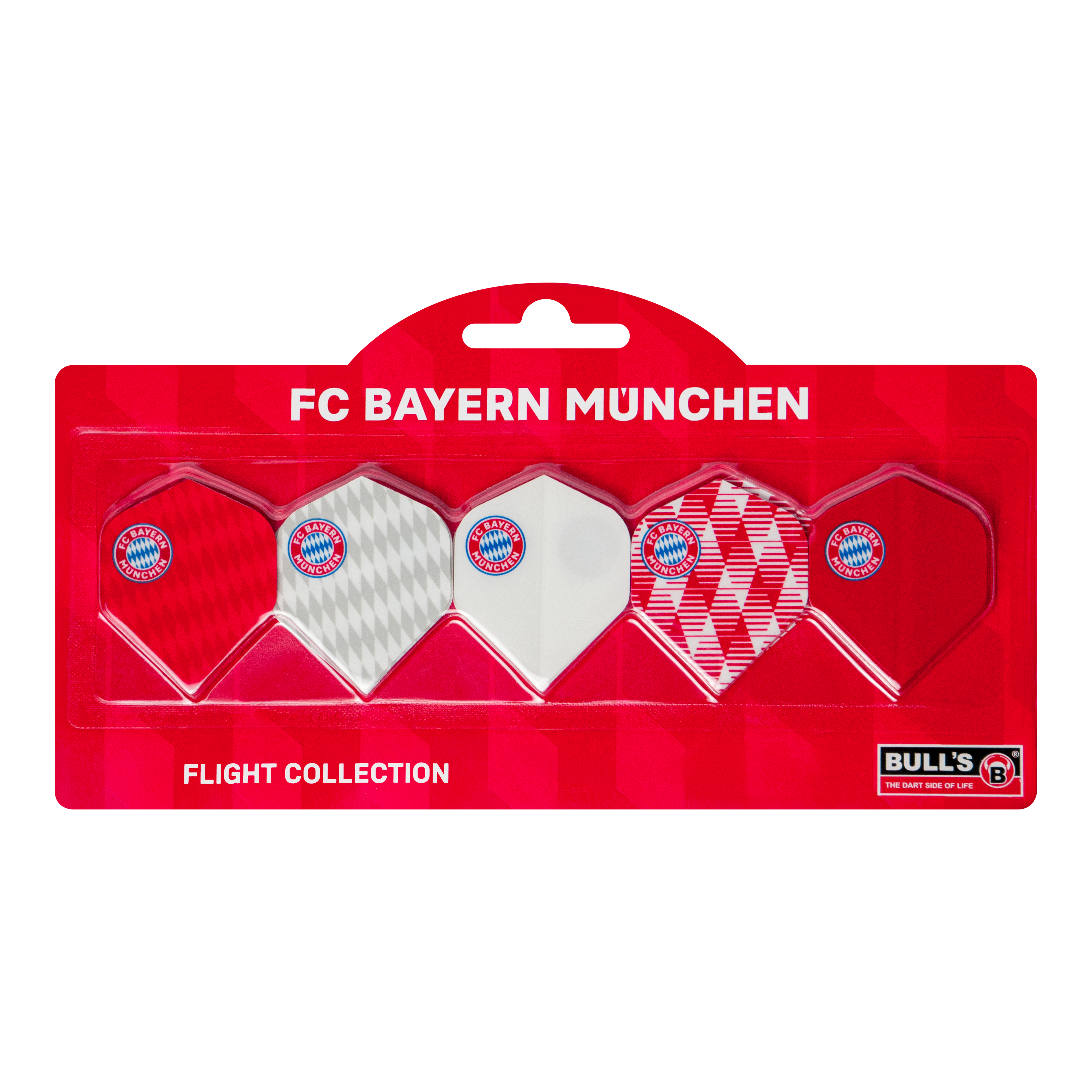 Bulls FC Bayern Munich Flight Collection - 5 sets Abgebildet ist die Bulls FC Bayern München Flight Collection - 5 Satz. Die Flights sind speziell für Darts im FC Bayern München-Design.