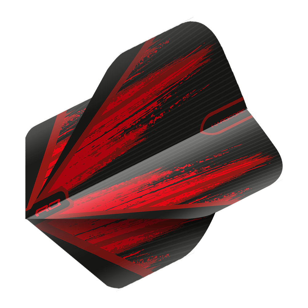 Dies ist ein Dart-Flight in den Farben Schwarz und Rot mit einem dynamischen, modernen Design. Die Oberfläche zeigt kräftige rote Streifen und das Wort "HARDCORE" ist darauf zu erkennen.