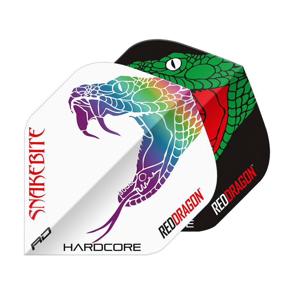 Das Bild zeigt zwei Dart-Flights mit auffälligen Schlangenmuster-Designs in Schwarz und Weiß. Auf beiden Flights stehen die Wörter "Snakebite" und "Red Dragon".