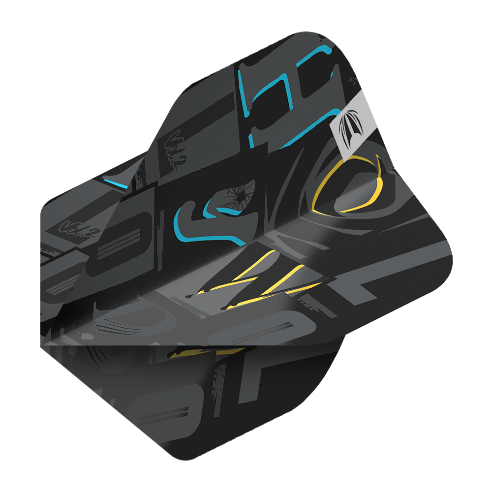 Das Bild zeigt ein schwarzes Dartflight mit modernen grafischen Mustern in Grau, Blau und Gelb. Es handelt sich um das Produkt "Target Pro Ultra Chris Dobey No2 Standard Flights - 3 Sets".