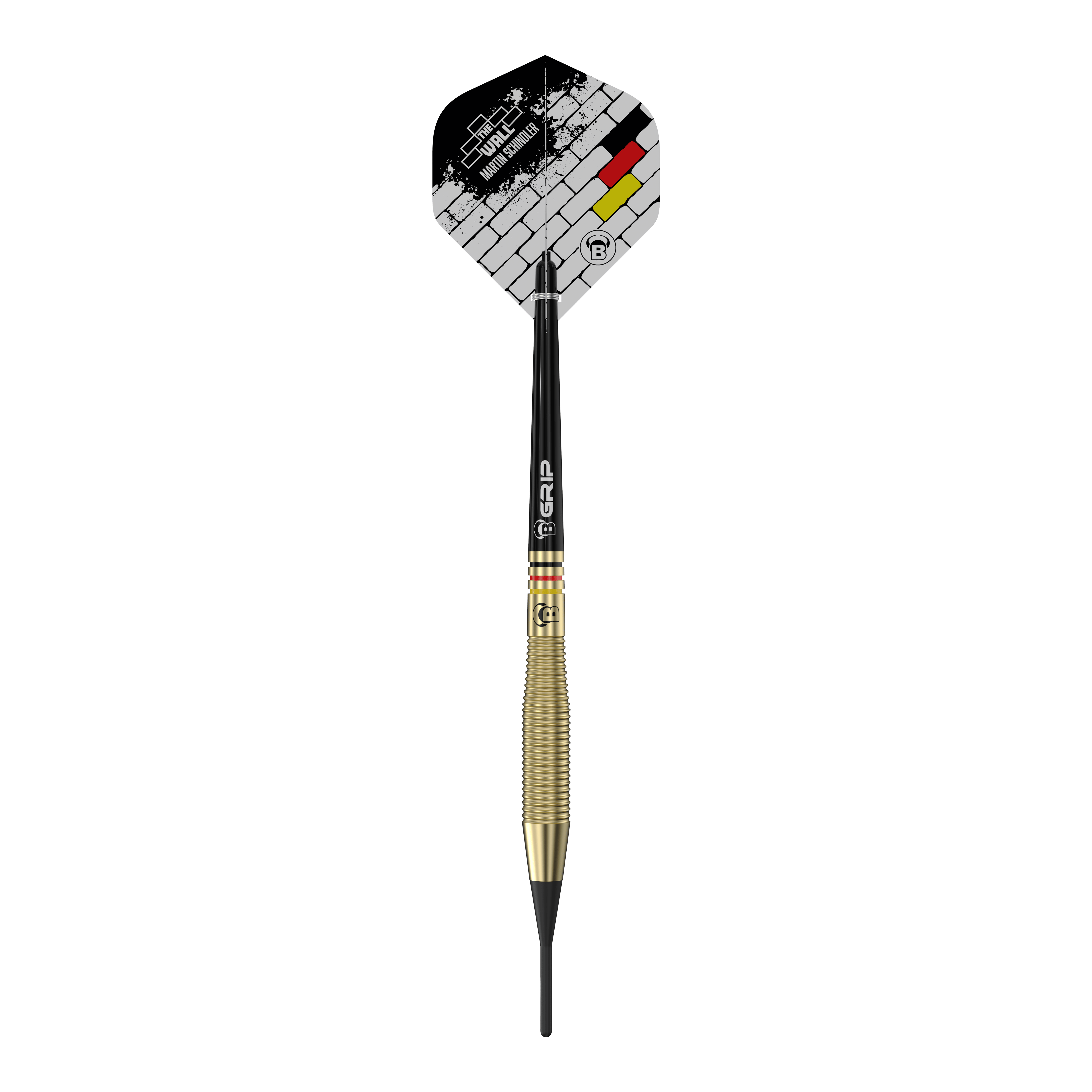 Auf dem Bild ist der Softdart "Bulls Martin Schindler The Wall Brass Softdarts - 18g" zu sehen. Der Dart hat eine goldfarbene Griffzone und ein Flight-Design mit Mauer- und Deutschlandfarben.