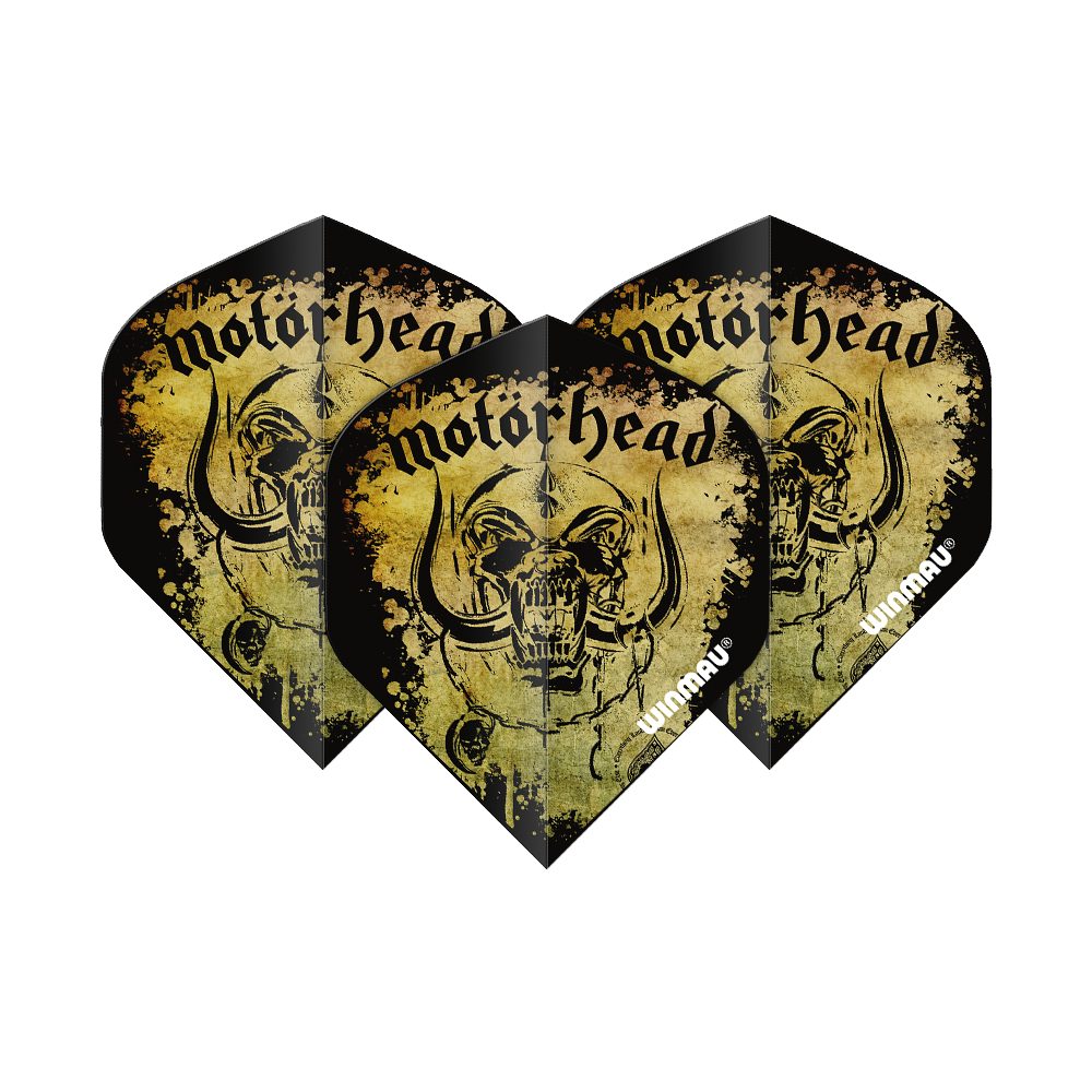 6905-241_Winmau_Motorhead_Acid_Splat_Standard_Flights_1WJF4TvZ0VzAaJ Das Bild zeigt die "Winmau Motorhead Acid Splat Standard Flights" mit einem auffälligen Totenkopf-Design. Die Flights sind in Schwarz und Gelb gehalten und tragen das Motorhead-Logo.
