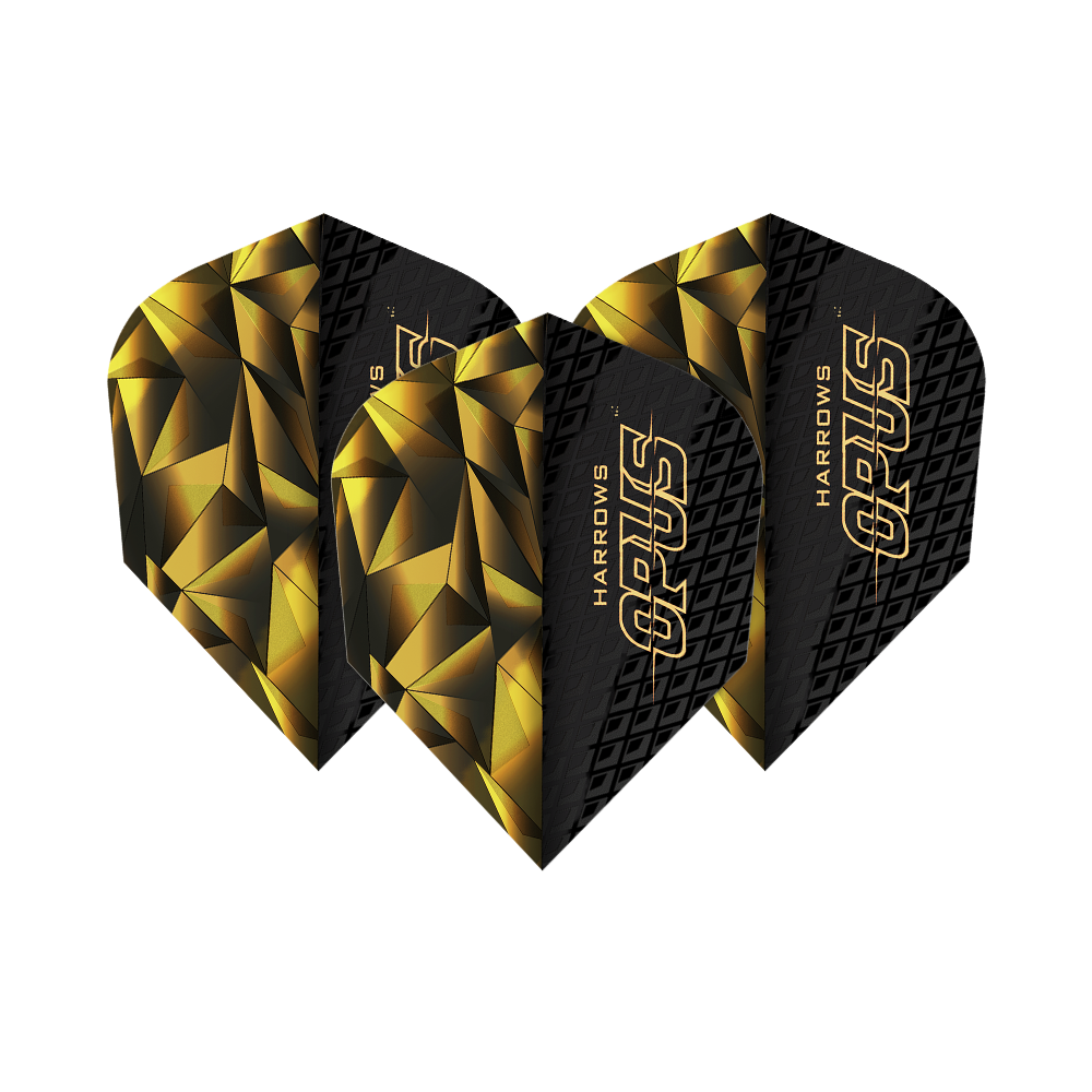 Harrow's Opus Version 1 Flights Das Bild zeigt die Harrows Opus Version 1 Flights. Sie haben ein auffälliges schwarzes und goldenes geometrisches Design mit dem Schriftzug "OPUS" darauf.