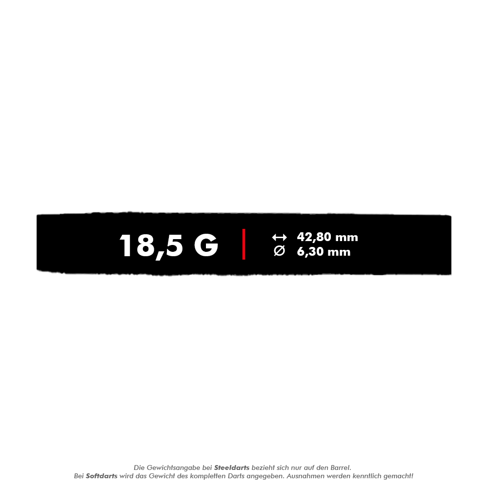 McDart 85 Tungsten V8 Soft Darts - 18.5g Das Bild zeigt die technischen Daten der McDart 85er Tungsten V8 Softdarts mit einem Gewicht von 18,5 Gramm. Die Länge beträgt 42,80 mm und der Durchmesser 6,30 mm.