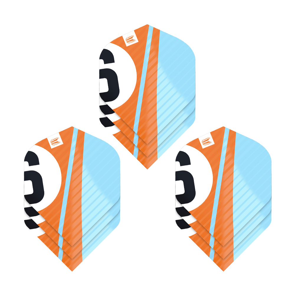 Das Bild zeigt drei Sets von Target Pro Ultra Chicane Orange No2 Standard Flights. Die Flights sind in den Farben Orange, Hellblau, Weiß und Schwarz gestaltet.