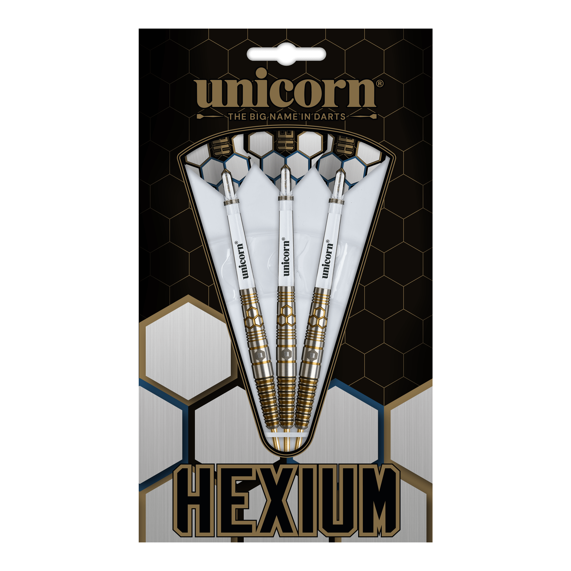 Unicorn Hexium Style 03 Gold & Black Steeldarts Dies ist das Produkt Unicorn Hexium Style 03 Gold & Black Steeldarts. Drei Steeldarts in Gold und Schwarz sind abgebildet.