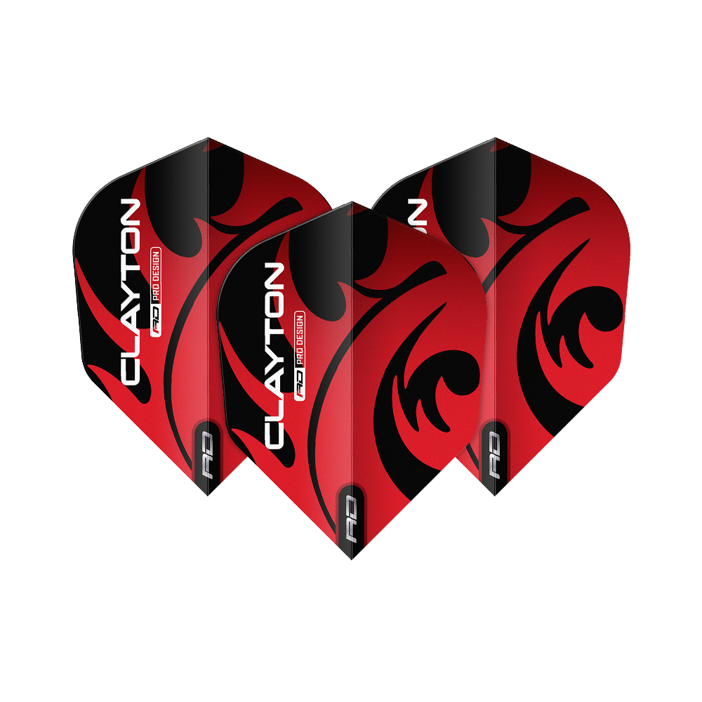 Auf dem Bild sind drei Dartflights des Produkts "Red Dragon Jonny Clayton Red Black No6 Flights" zu sehen. Die Flights sind rot-schwarz gestaltet und tragen den Aufdruck "CLAYTON".