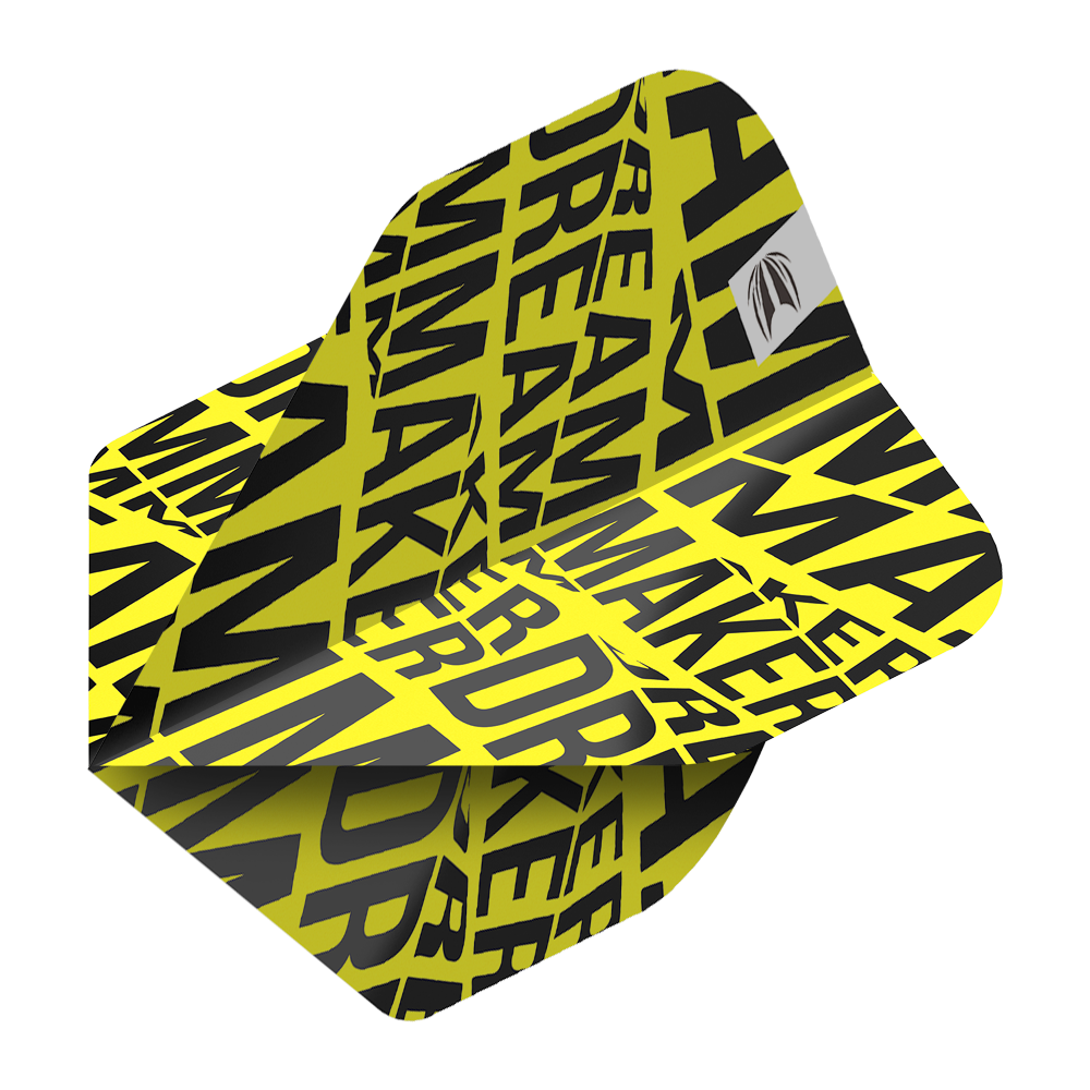 Das Bild zeigt ein gelbes Dartflight mit schwarzen, groß gedruckten Buchstaben. Auf dem Flight steht mehrfach das Wort "DREAMMAKER".