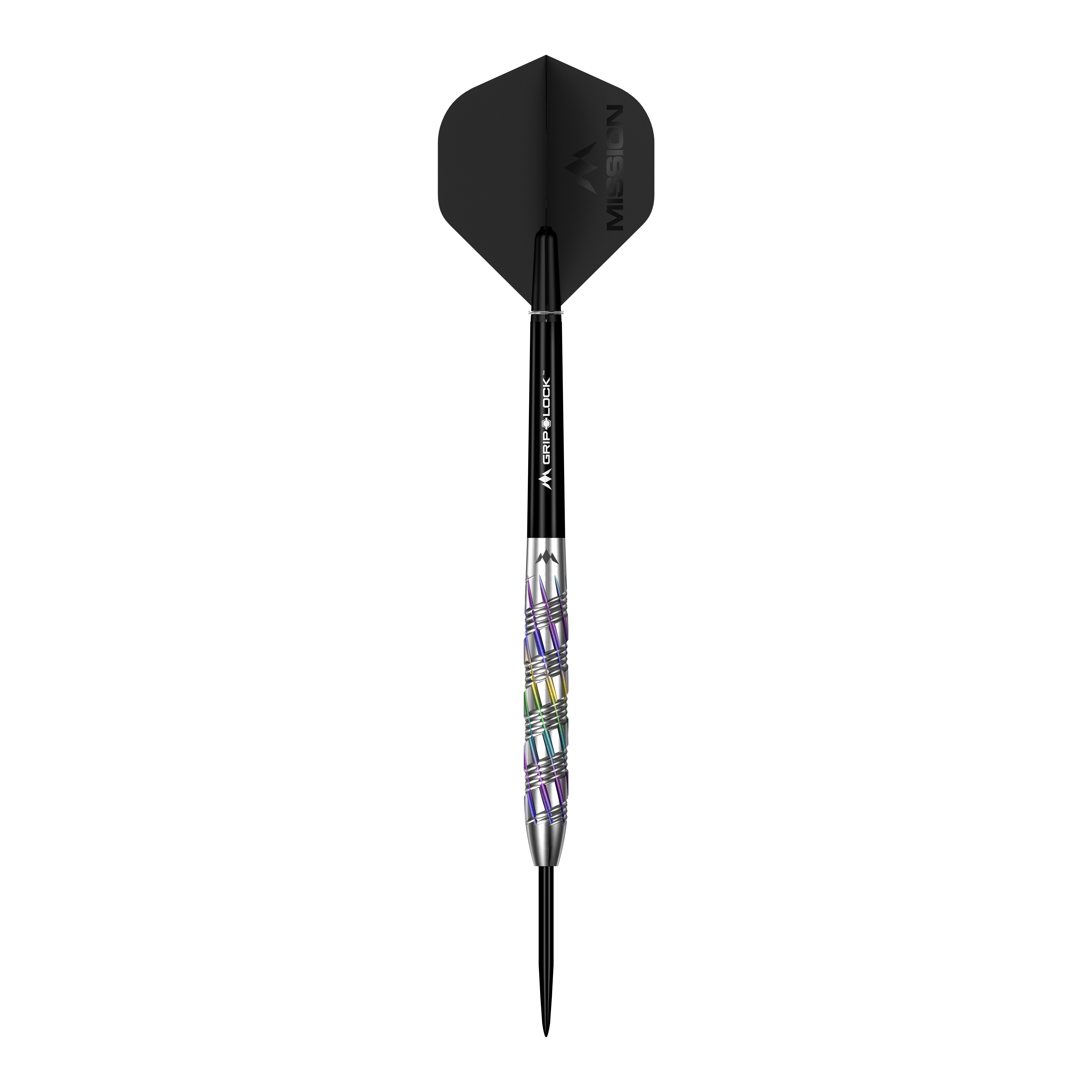 Mission Shuriken Steeldarts sind hochwertige Pfeile für das Dartspiel. Auf dem Bild sieht man einen einzelnen Mission Shuriken Steeldart.