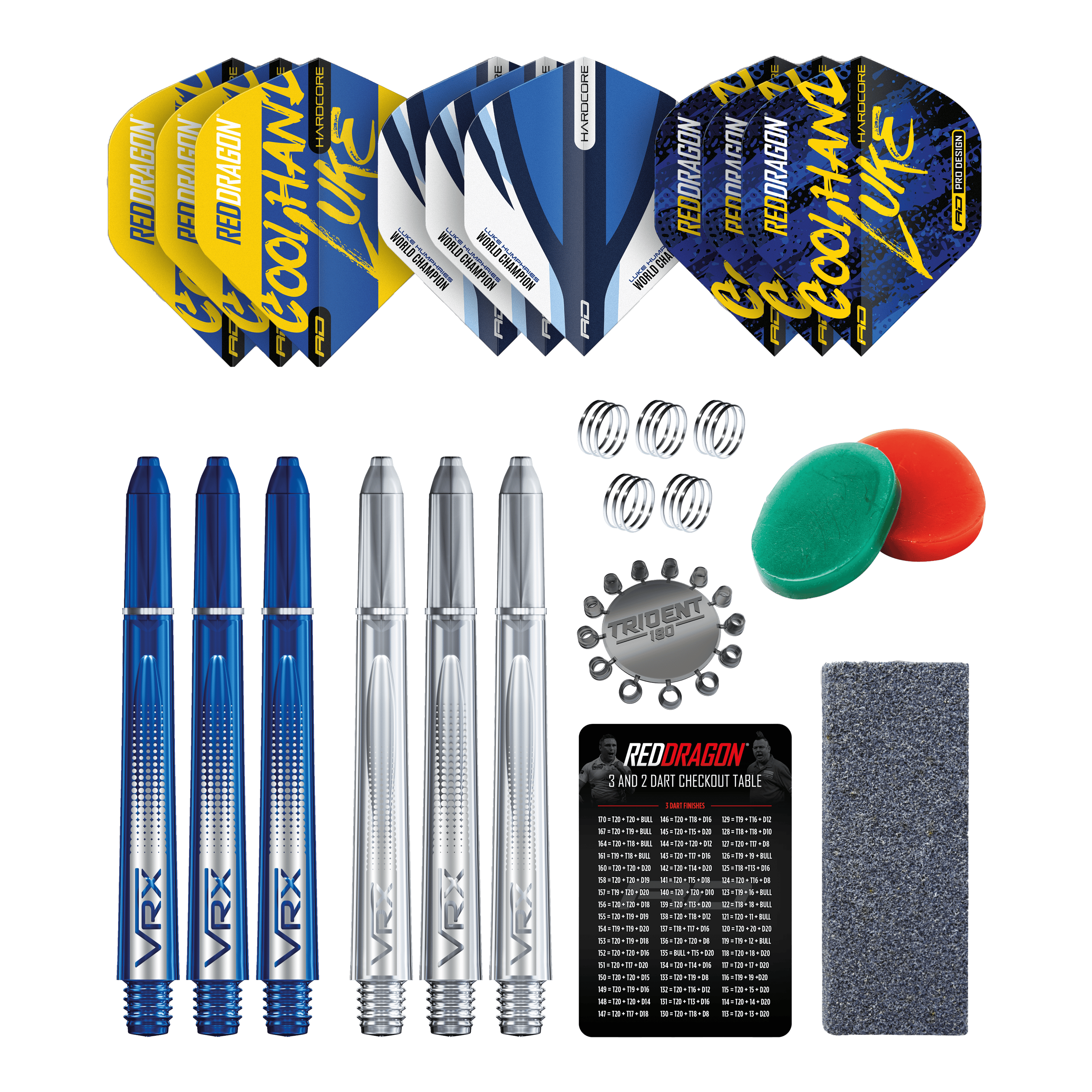 Red Dragon Luke Humphries Optima Accessory Pack Das Bild zeigt das Red Dragon Luke Humphries Optima Zubehör Pack für Darts. Enthalten sind Flights, Shafts, Federn, Tridents, ein Schleifstein, ein Checkout-Table, sowie weiteres nützliches Dartzubehör.