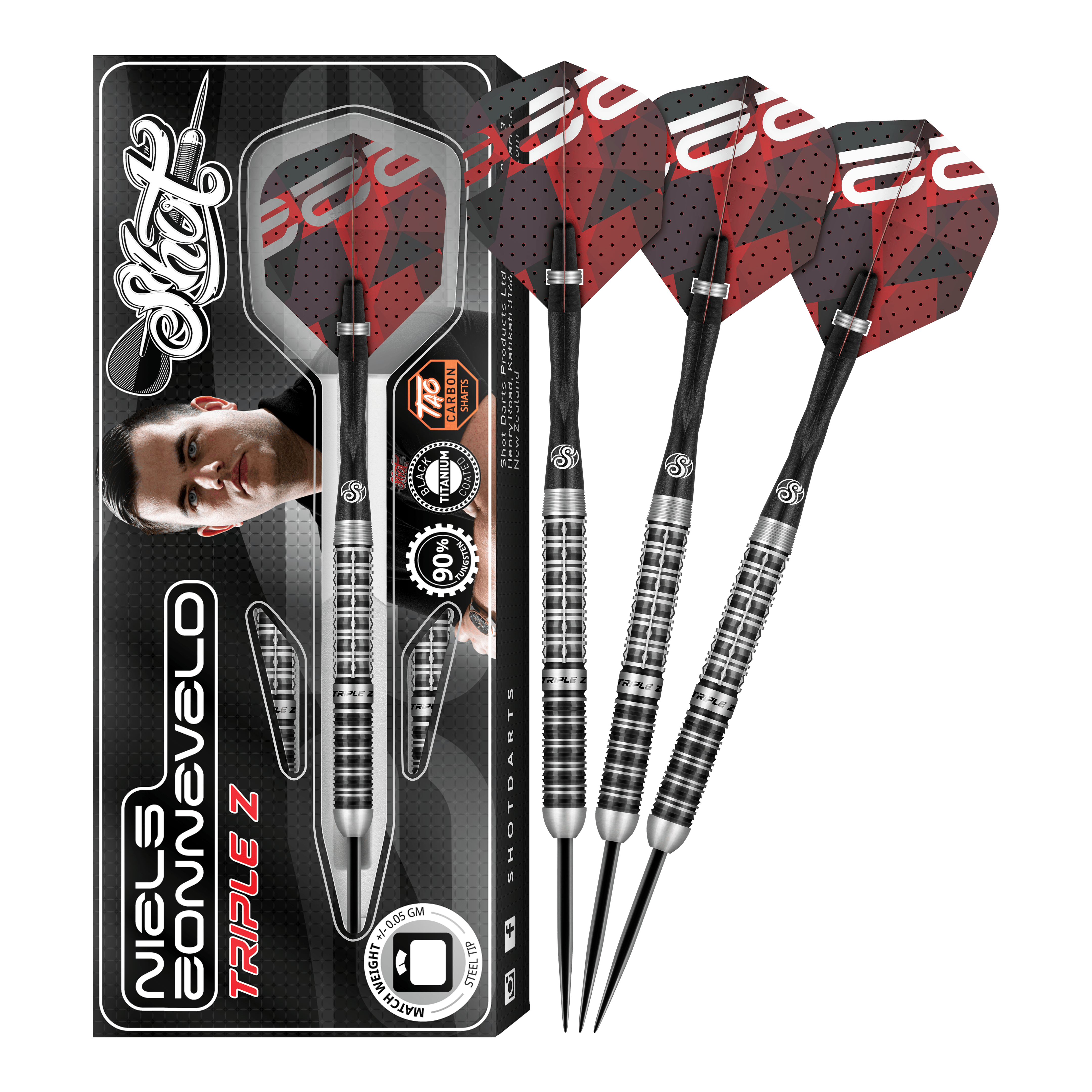 Shot Niels Zonneveld V2 steel darts Das Bild zeigt das Produkt "Shot Niels Zonneveld V2 Steeldarts" samt Verpackung und vier Steeldarts. Die Darts haben ein silber-schwarzes Design mit roten Flights.
