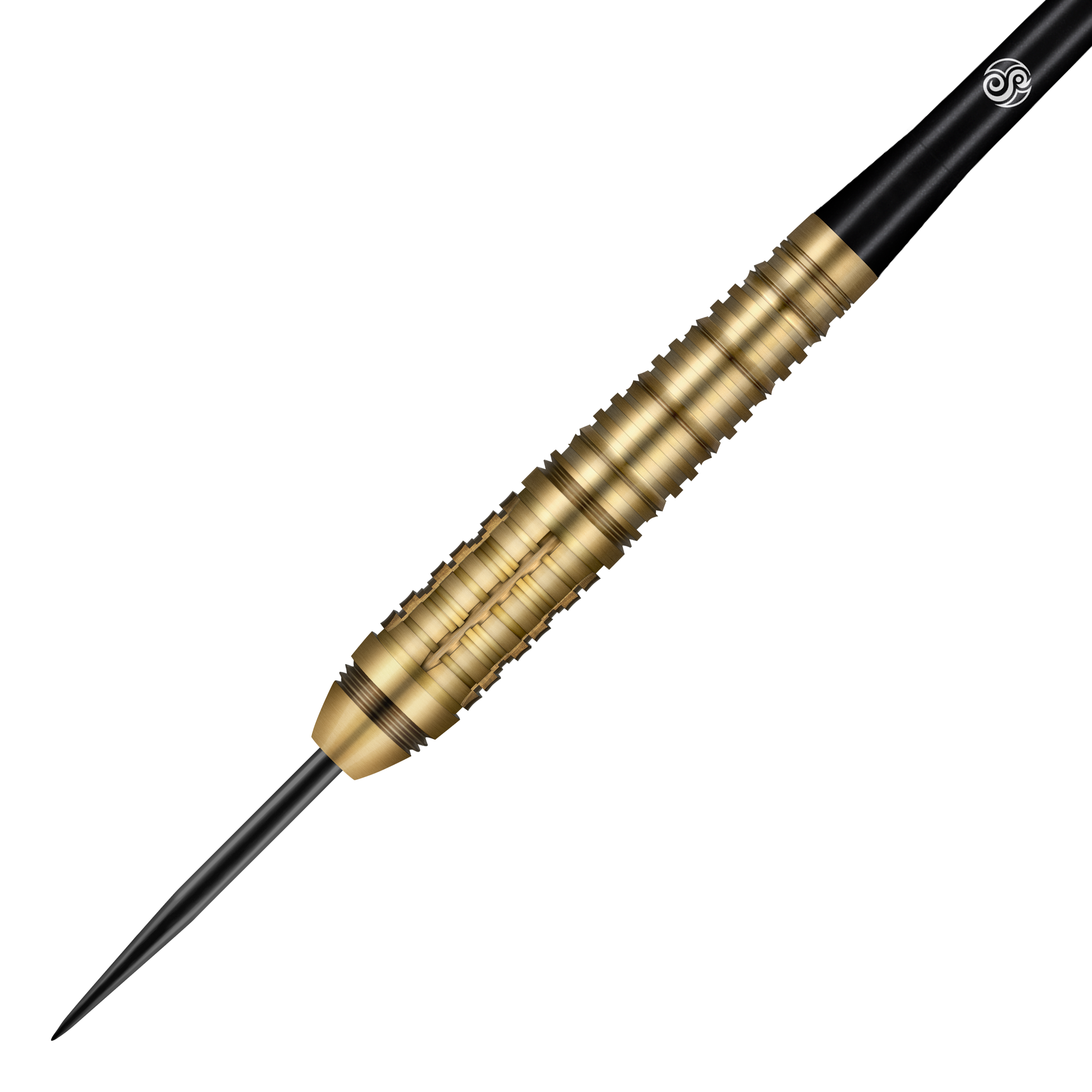 Shot Redline Mach 1 steel darts Das Bild zeigt einen Steeldart der Marke Shot Redline Mach 1. Der Dart hat eine goldene, geriffelte Oberfläche und eine schwarze Spitze.