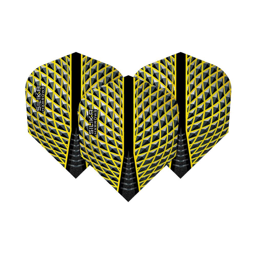 HR86_Harrows_Silika_Yellow_No6_Flights_1j2IQg7MJt5lfI Das Bild zeigt drei Harrows Silika Yellow No6 Flights mit einem gelben und schwarzen Muster. Die Flights haben ein auffälliges, rautenförmiges Design und das Harrows Silika Logo.