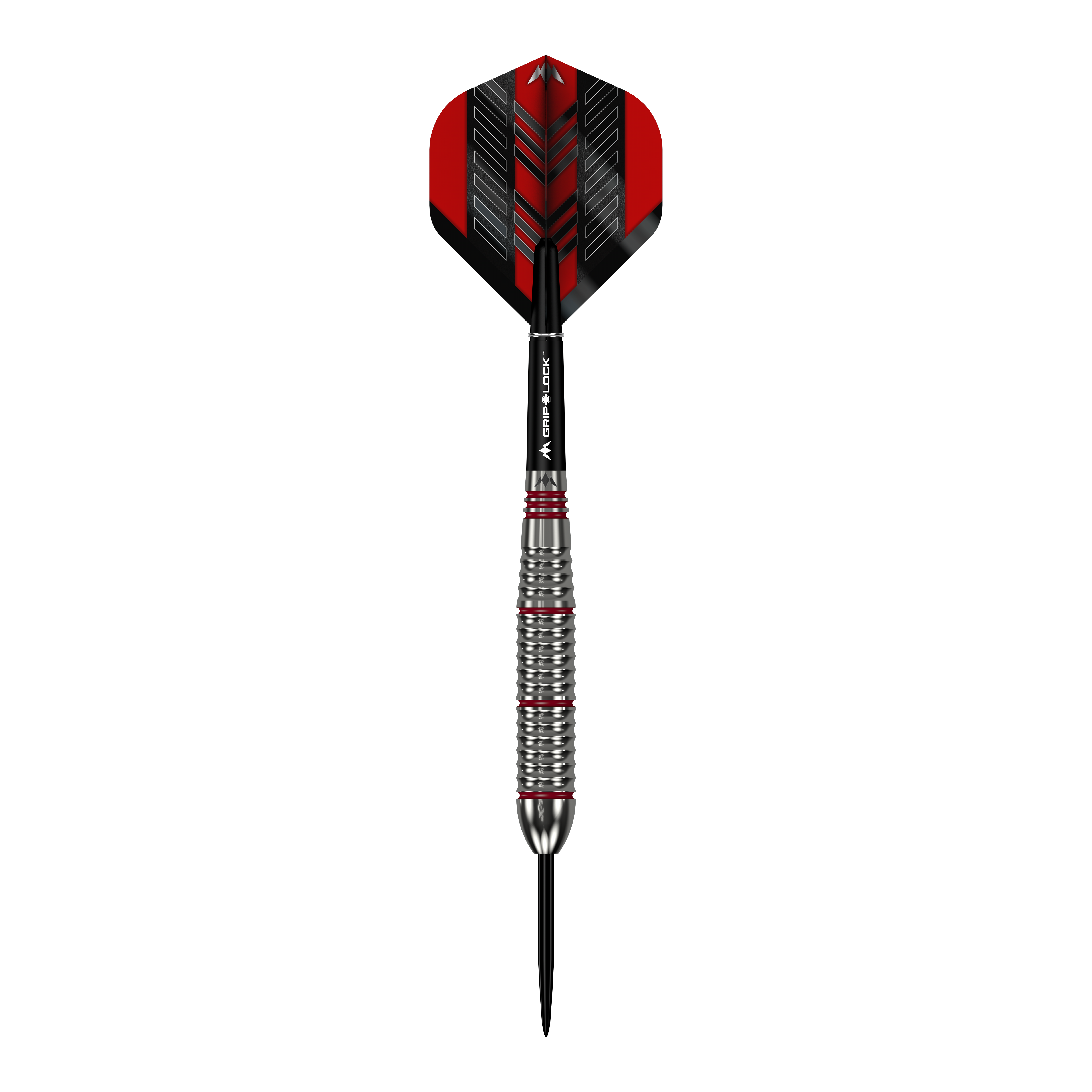 Mission Rogue Brass Steel Darts - 22g Das Bild zeigt einen Mission Rogue Brass Steeldart mit einem Gewicht von 22 Gramm. Der Dart hat ein silbernes, geriffeltes Barrel und rote sowie schwarze Akzente an Flight und Shaft.