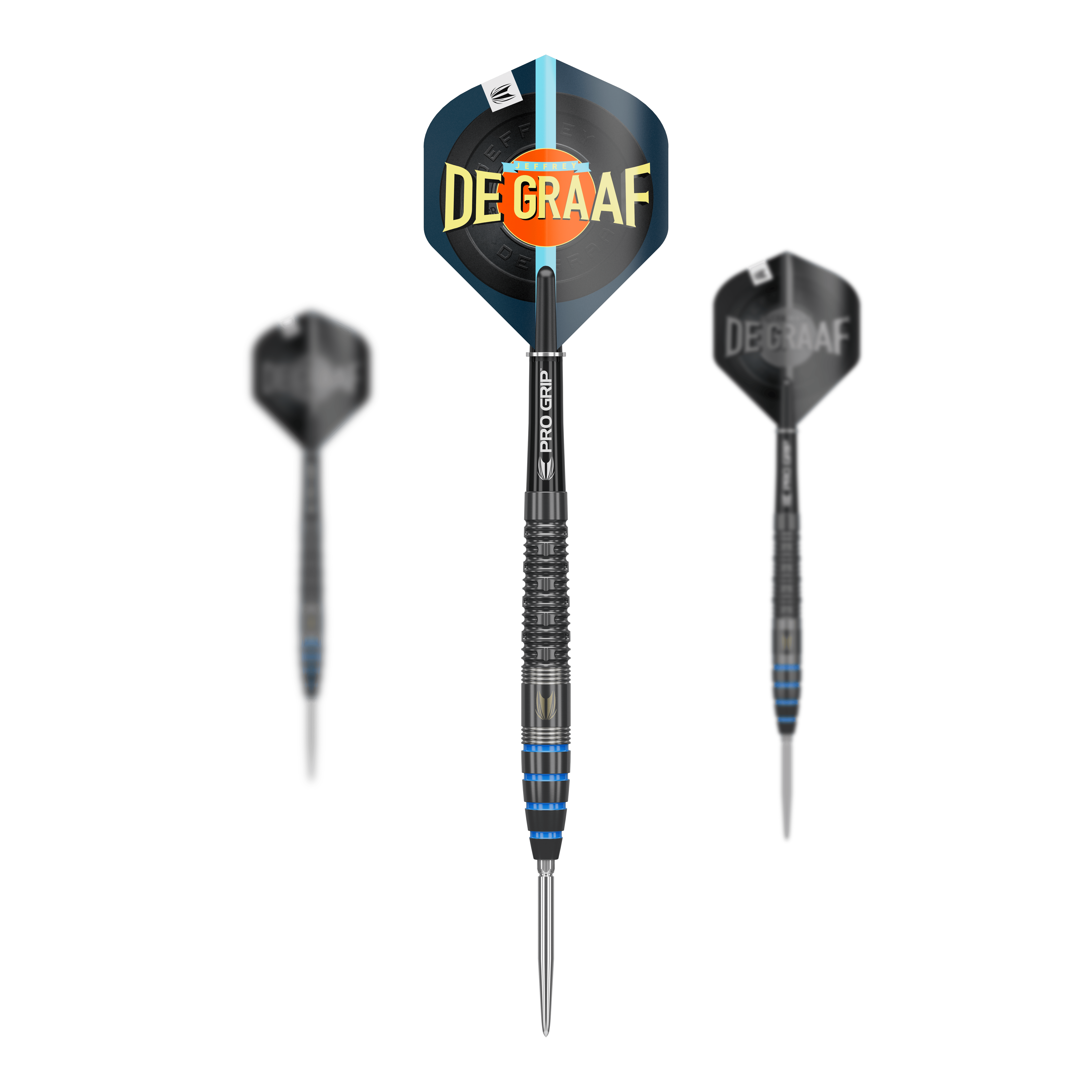 Target Jeffrey De Graaf GEN1 Swiss Point Steeldarts - 23g Das Bild zeigt drei Steeldarts des Modells "Target Jeffrey De Graaf GEN1 Swiss Point - 23g". Auf dem Dartflügel in der Mitte steht groß "DE GRAAF".