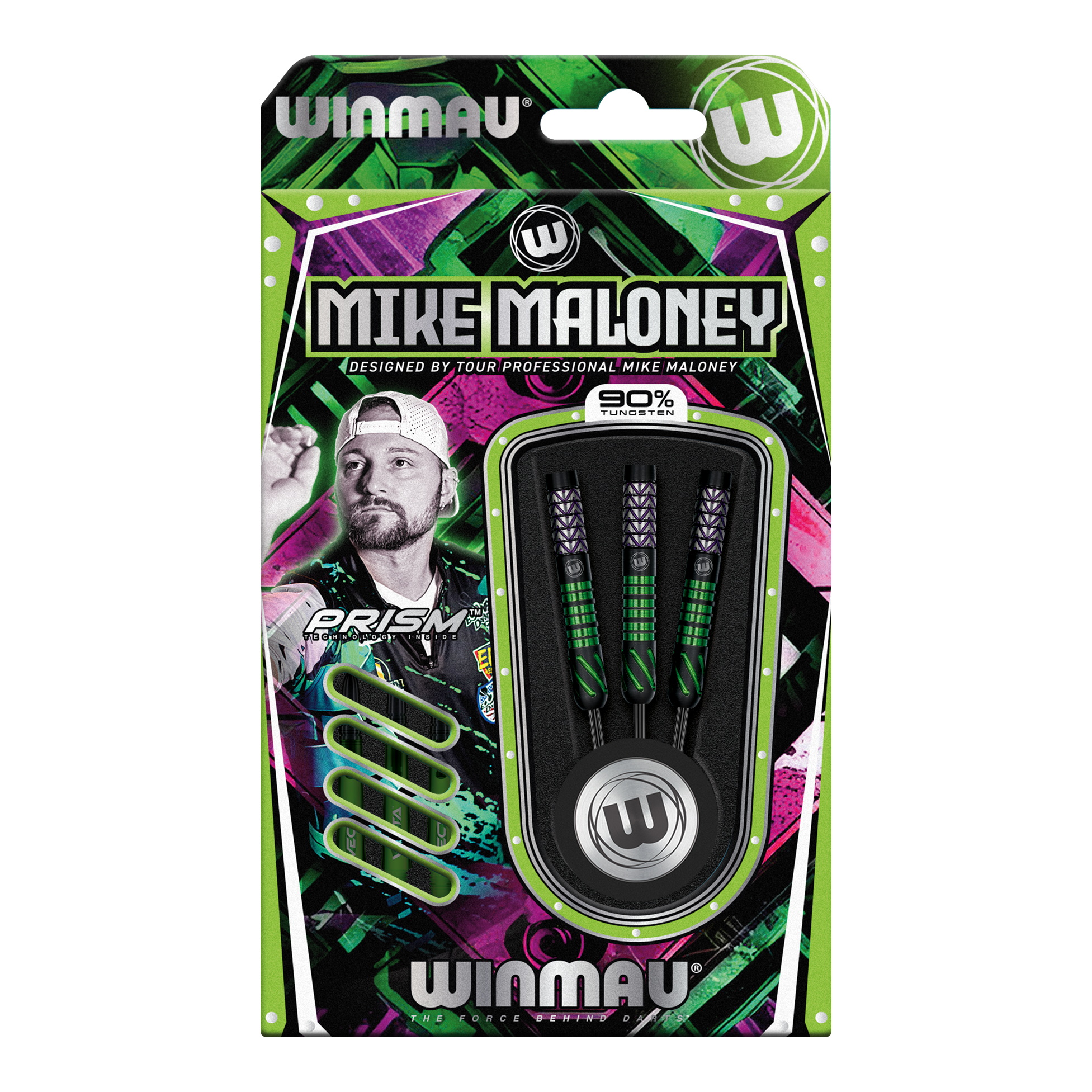 Zu sehen sind Winmau Mike Maloney Steeldarts. Dieses Dart-Set ist für den professionellen Gebrauch gedacht.