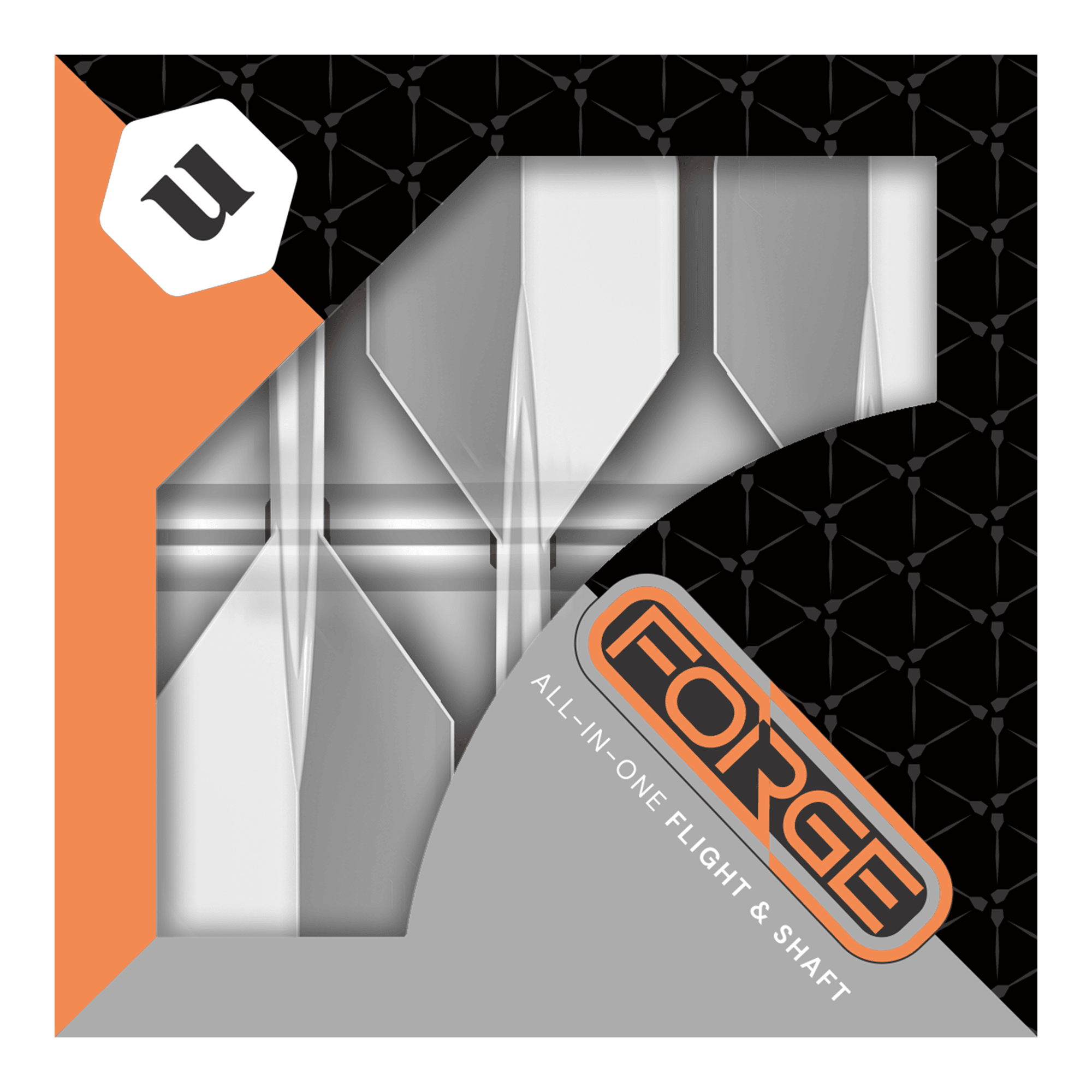 Das Bild zeigt die Verpackung des Produkts „Unicorn Forge All In One Plus No2 Standard Flights Clear - Medium“. Die Verpackung ist in Schwarz, Orange und Grau gehalten und zeigt die Flights und Shafts durch ein Sichtfenster.